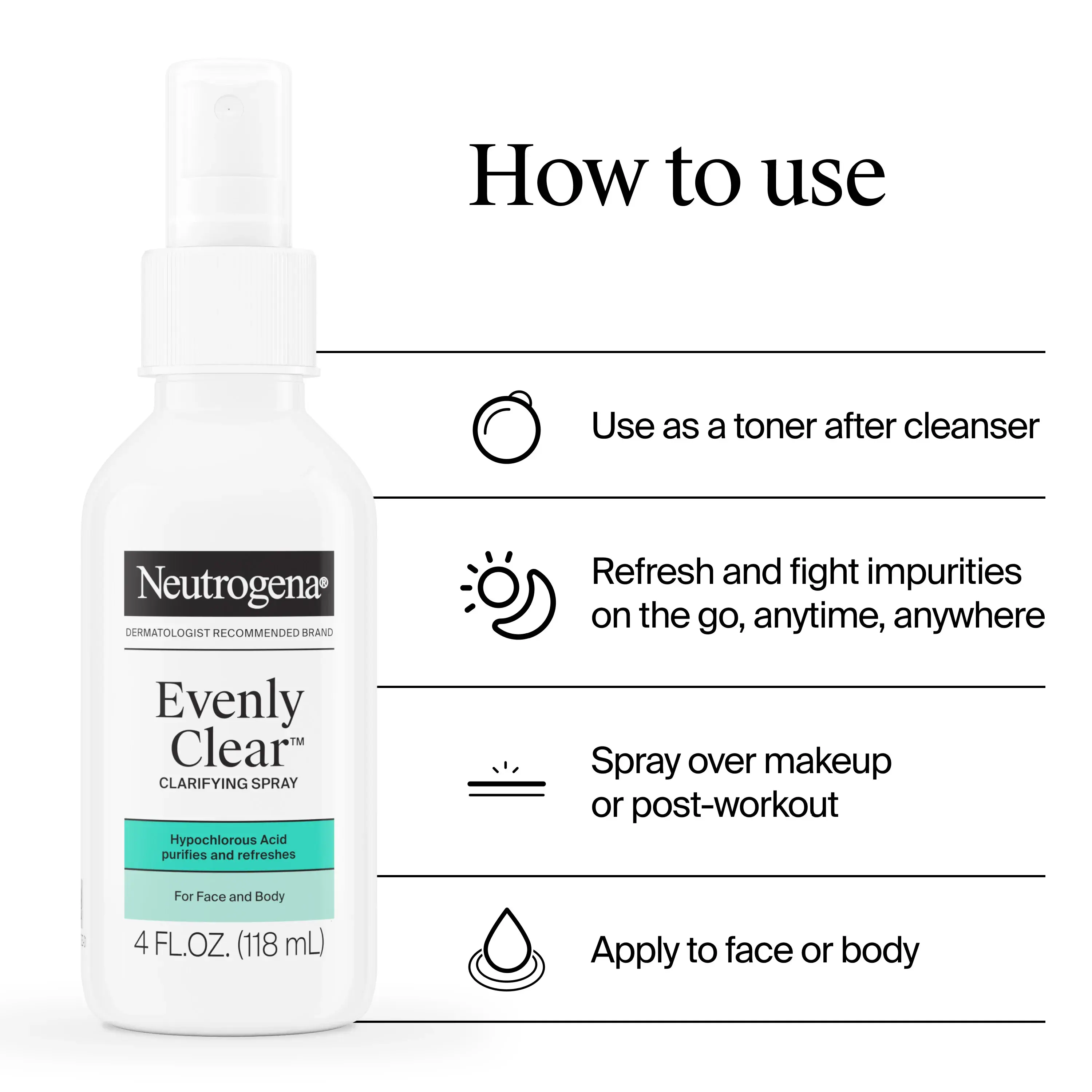 How to use: use as a toner after cleanser. refresh and fight impurities on the go anytime anywhere. spray over makeup or post workout. apply to face or body