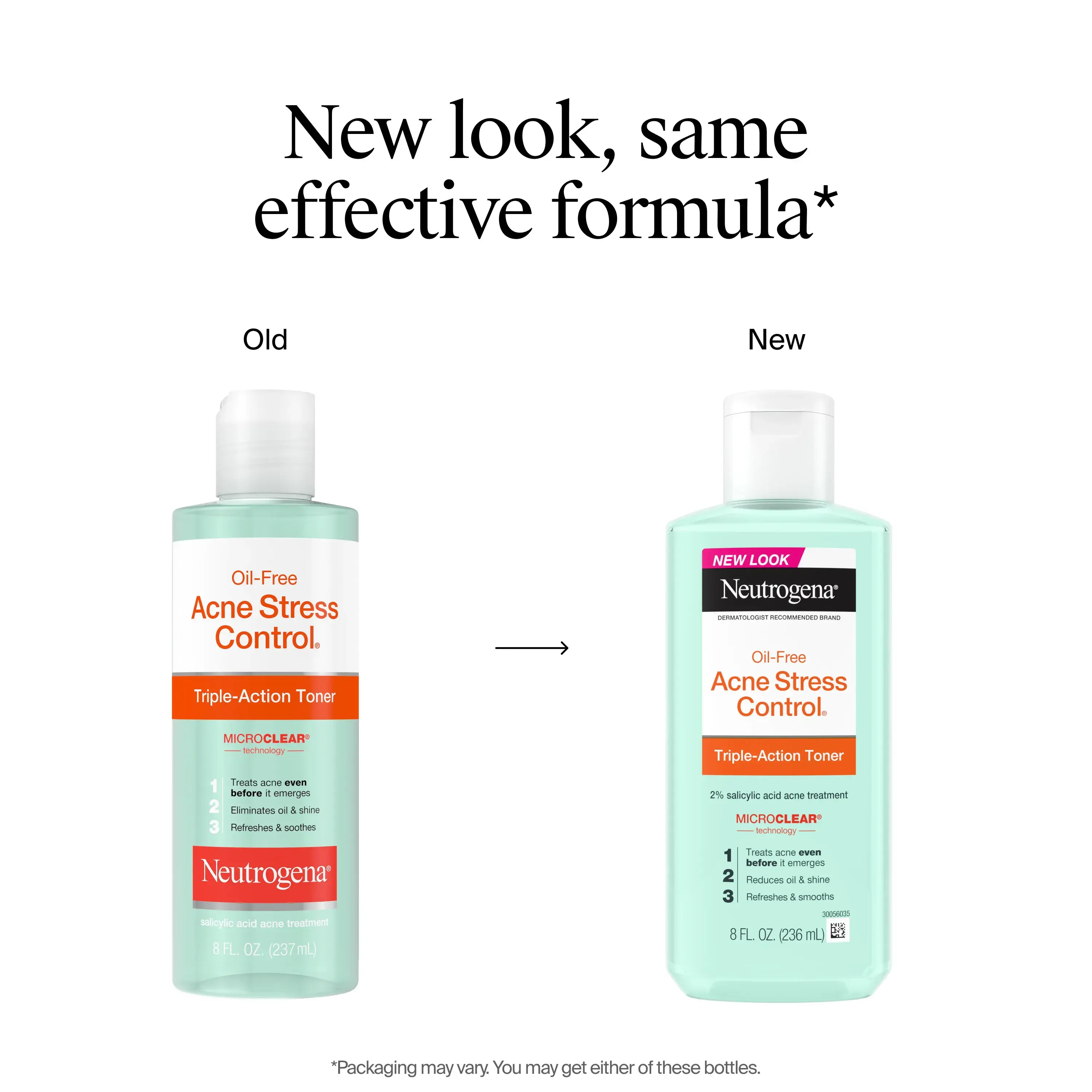 Change of packaging for Neutrogena Oil-Free Acne-Fighting Stress Control Triple-Action Toner, 8 Fl. Oz showing new bottle but same formula
