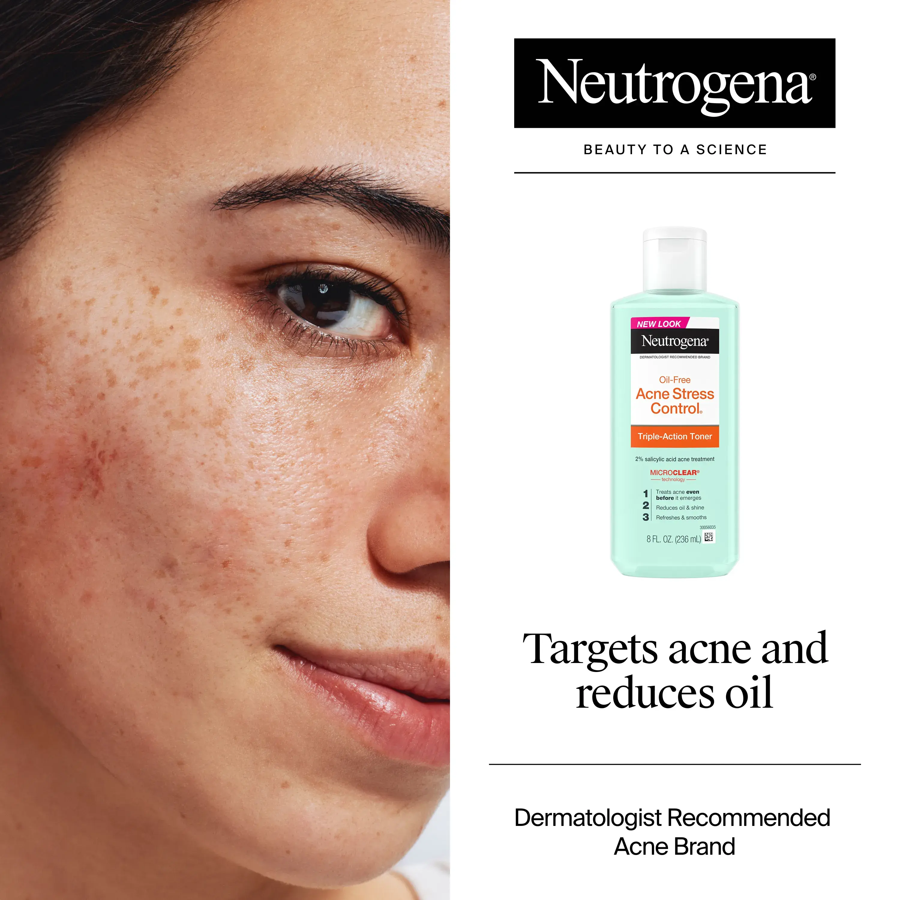 Woman with clear skin after using Neutrogena Oil-Free Acne-Fighting Stress Control Triple-Action Toner that targets acne and reduces oil