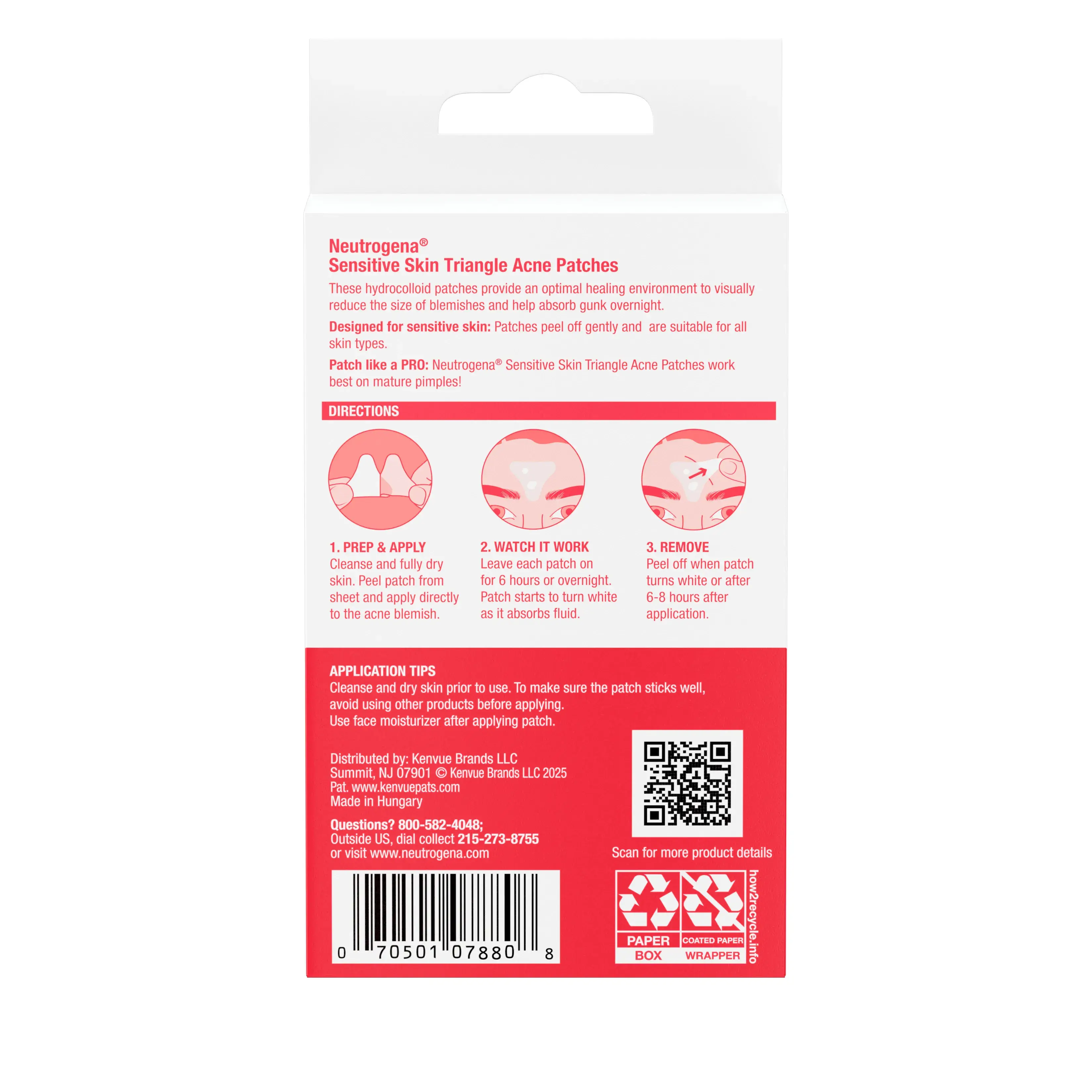 Neutrogena Hydrocolloid Triangle Acne Patches, Sensitive Skin, 10 ct, back image.