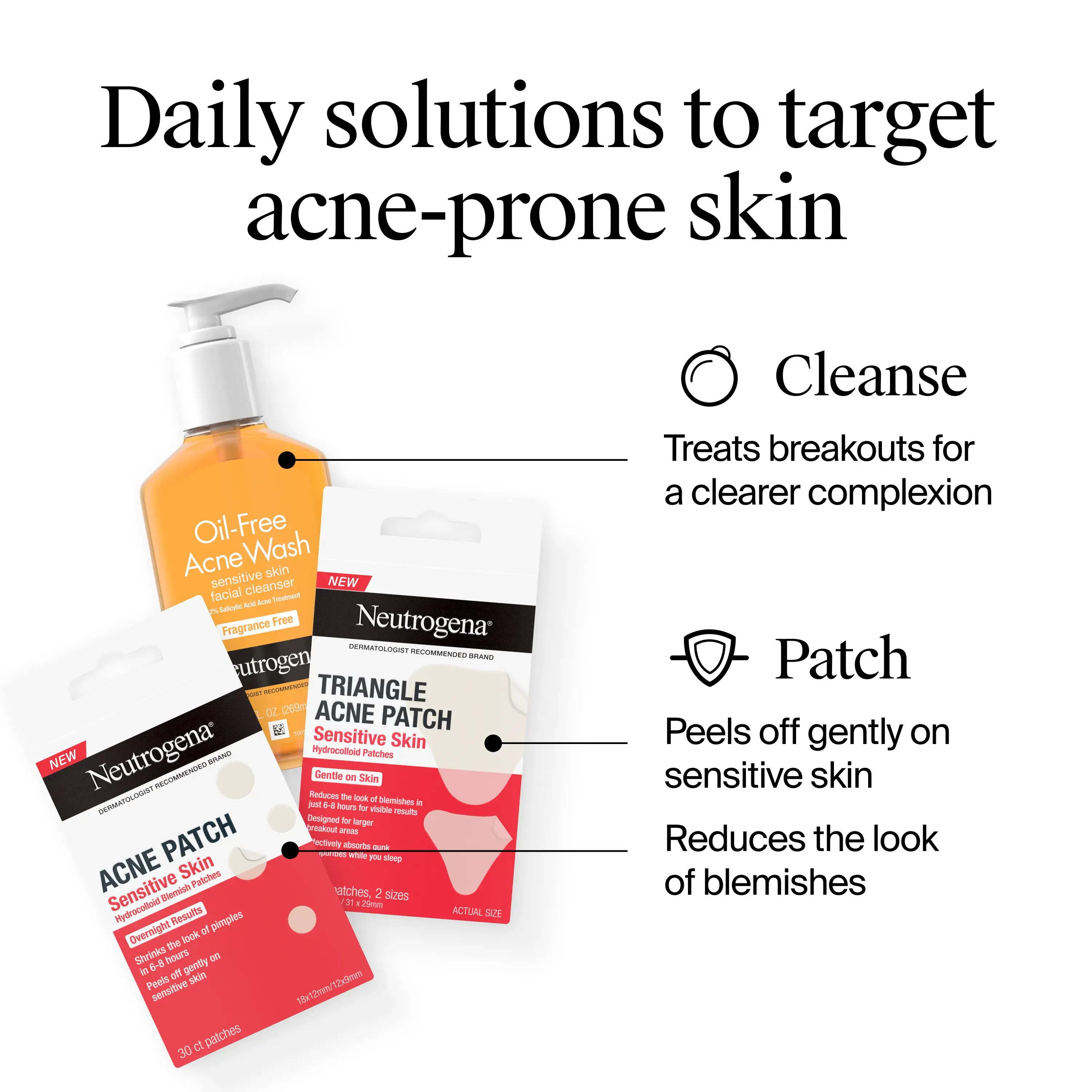 Daily solutions to target acne-prone skin. Cleanse, Patch. Treats breakouts for a clearer complexion