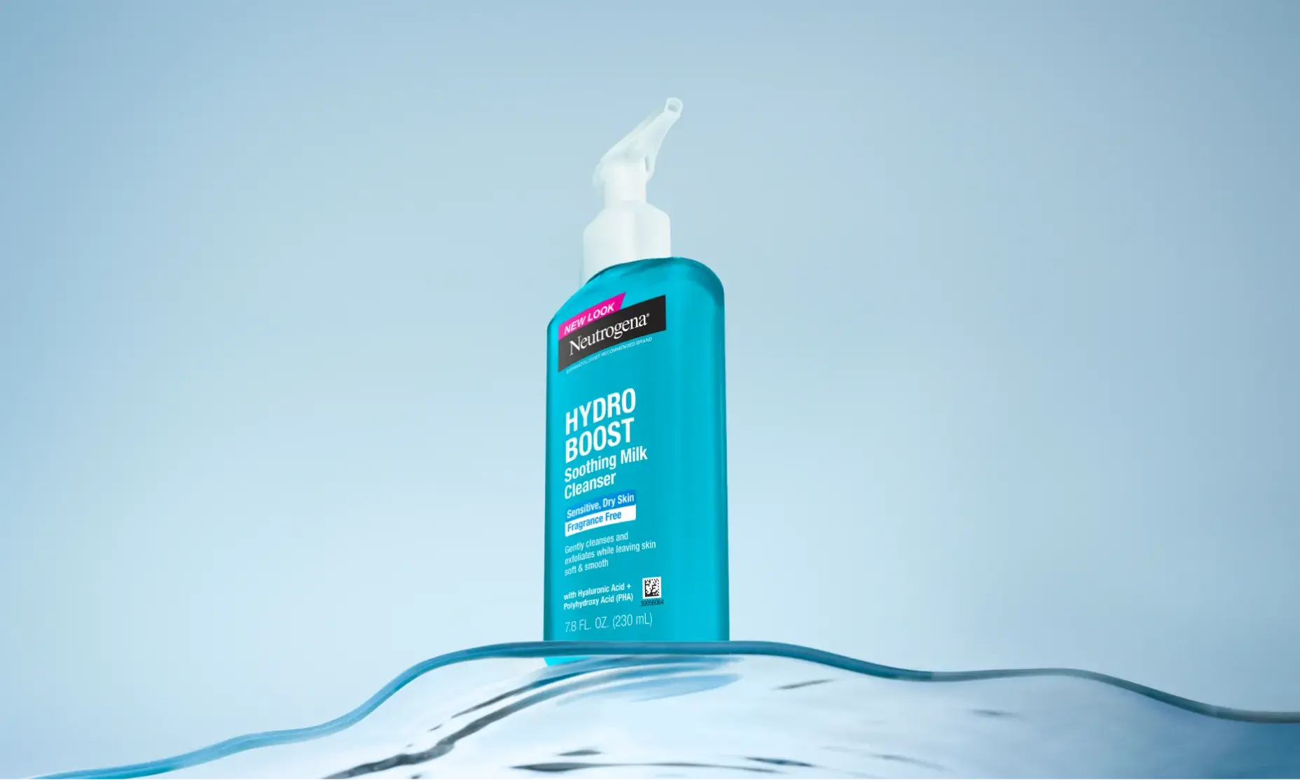 Neutrogena® Hydro Boost Soothing Milk Cleanser Front of Packaging and formula consistency