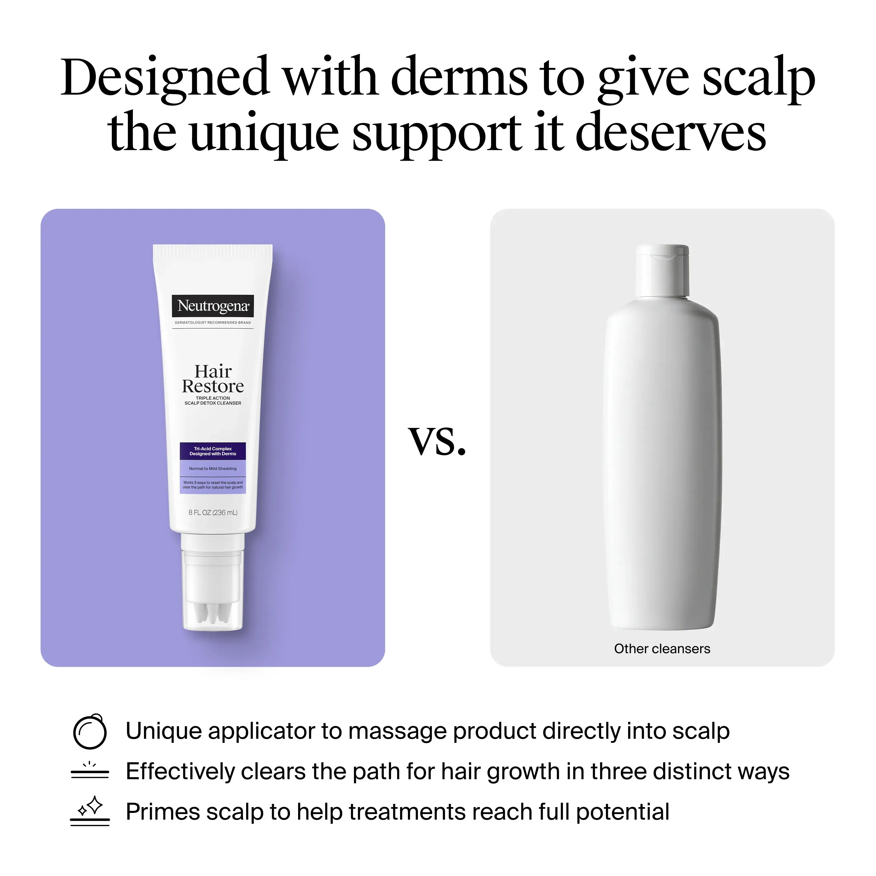 Designed with derms to give scalp the unique support it derserves. Compared with other cleansers, unique applicator to massage product directly to scalp, clears path for hair growth in 3 distinct ways, primes scalp to hel treatments reach full potential