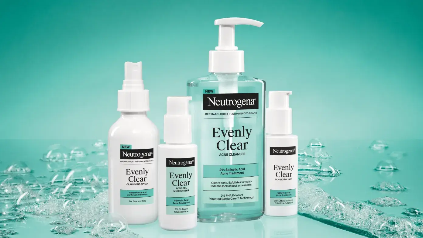 Neutrogena® Evenly Clear™ Product Line includes Clarifying Spray, Acne Gel Moisturizer, Acne Cleanser, and Acne Exfoliant
