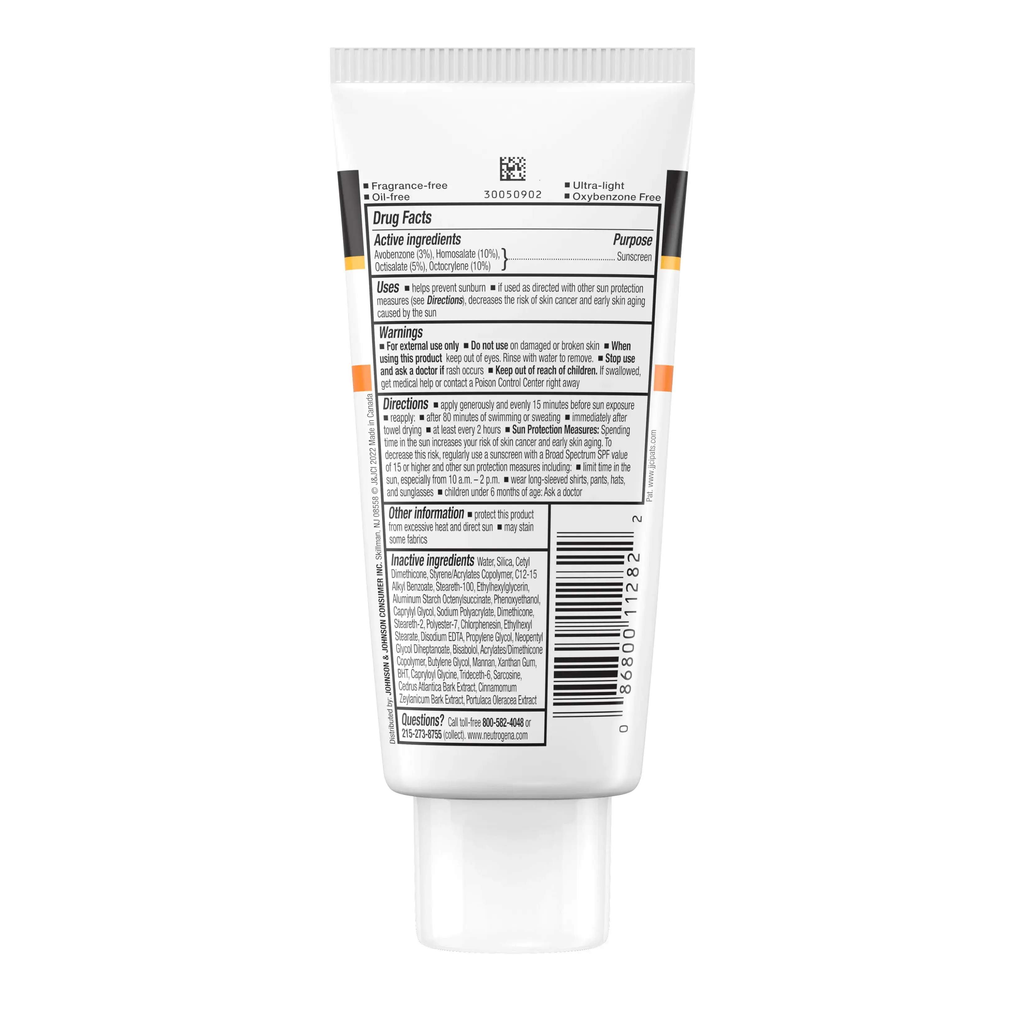 Clear Face Break-Out Free Liquid Lotion Sunscreen Broad Spectrum SPF 50, back of the package