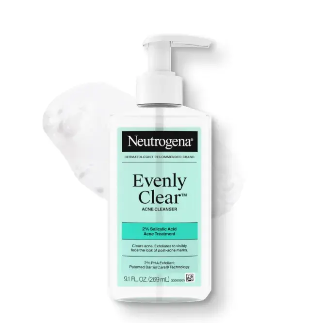 Neutrogena® Evenly Clear™ Acne Cleanser Front of Packaging, Texture and Formula Consistency