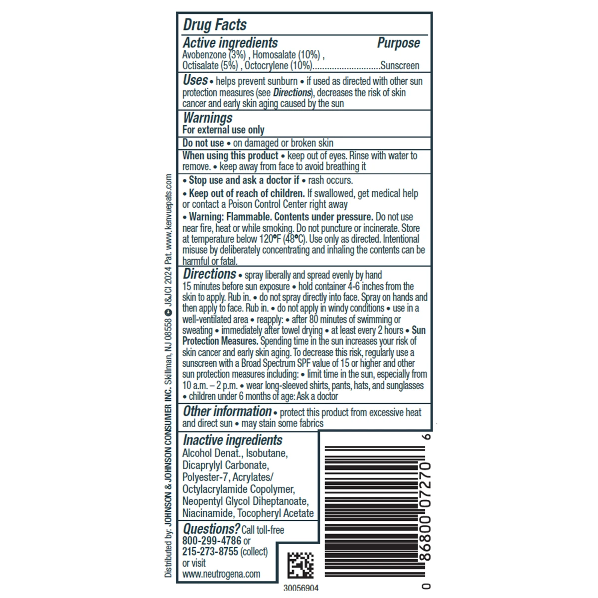 Neutrogena Clear Body SPF 50 Sunscreen Spray, Non-Comedogenic, 5 oz, back of pack