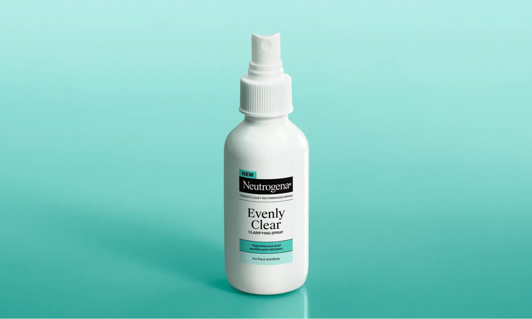 Neutrogena® Evenly Clear™ Clarifying Spray packaging against a teal background