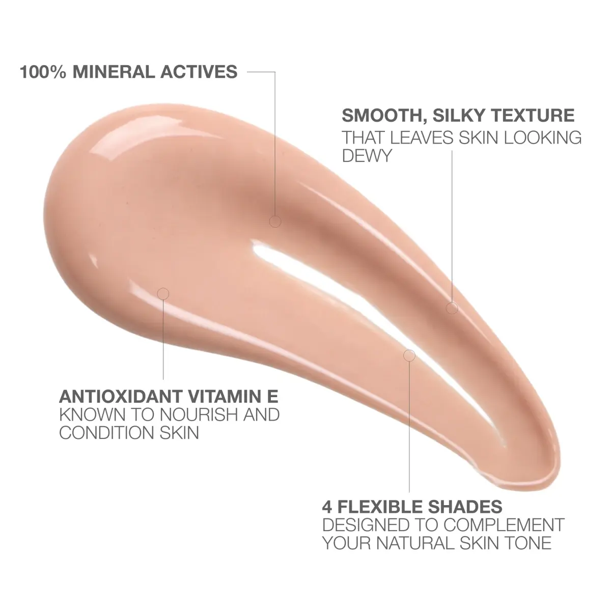 100% mineral actives with Vitamin E, smooth silky texture, 4 flexible shades for all tones