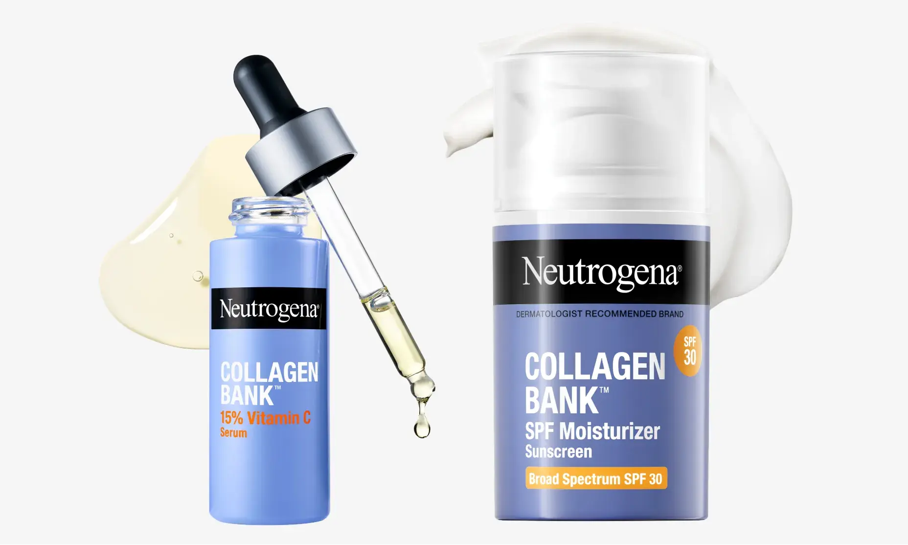 Neutrogena® 2-Step Collagen Boosting Routine with SPF 30 Moisturizer and Vitamin C Serum individual product packaging