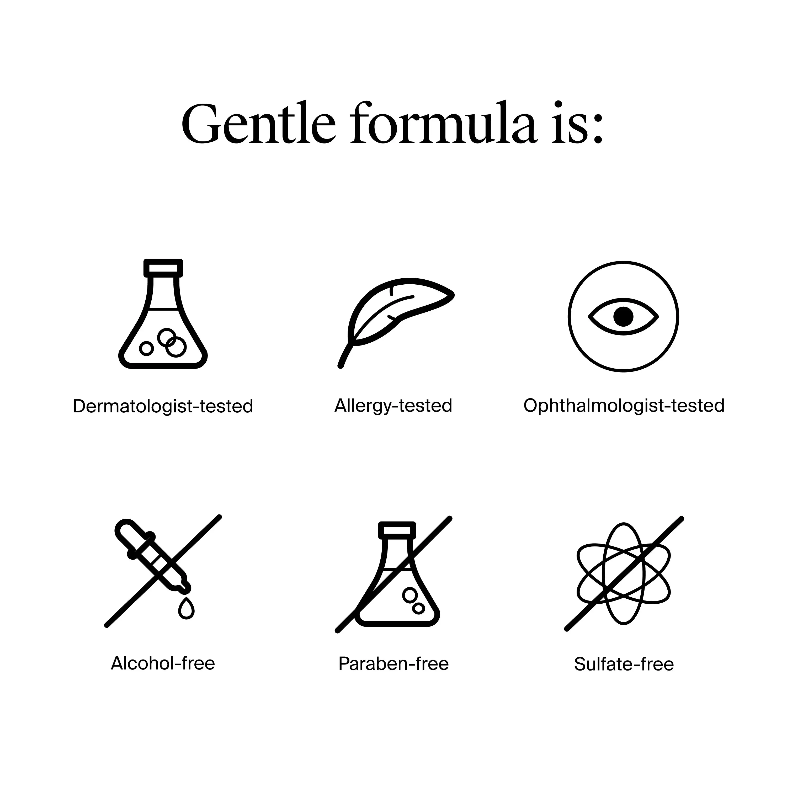 Gentle formula is Dermatologist-tested, allergy-tested, opthalmologist tested, alcohol-free, paraben-free, sulfate-free