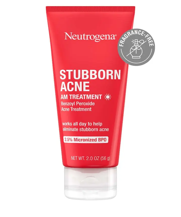 Neutrogena Stubborn Acne AM Treatment tube with 2.5% benzoyl peroxide
