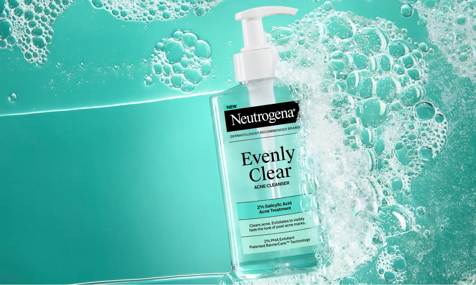 Neutrogena® Evenly Clear™ Acne Cleanser packaging, formula and consistency