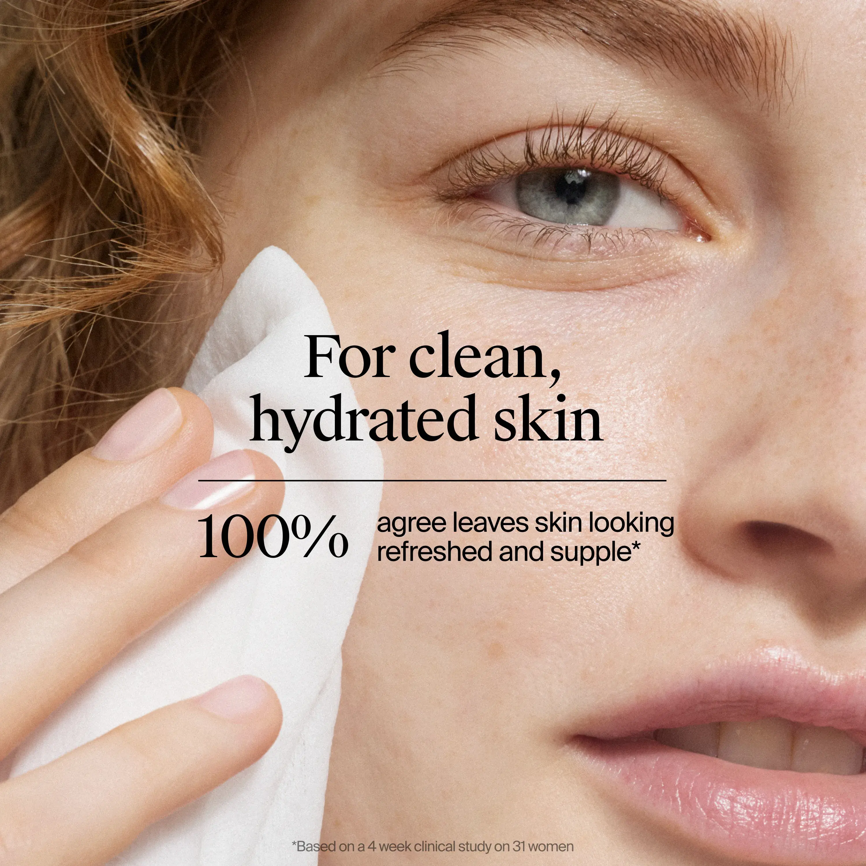 Woman's face after using Hydro Boost Cleansing Makeup Remover Wipes for clean hydrated skin.