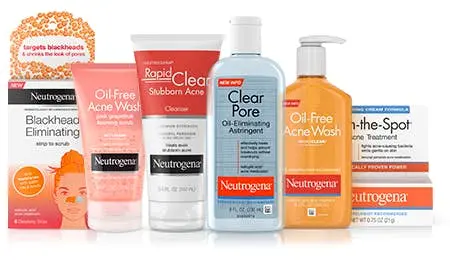 A product lineup from Neutrogena's acne-fighting collection, including a Blackhead Eliminating scrub, Pink Grapefruit foaming scrub and others