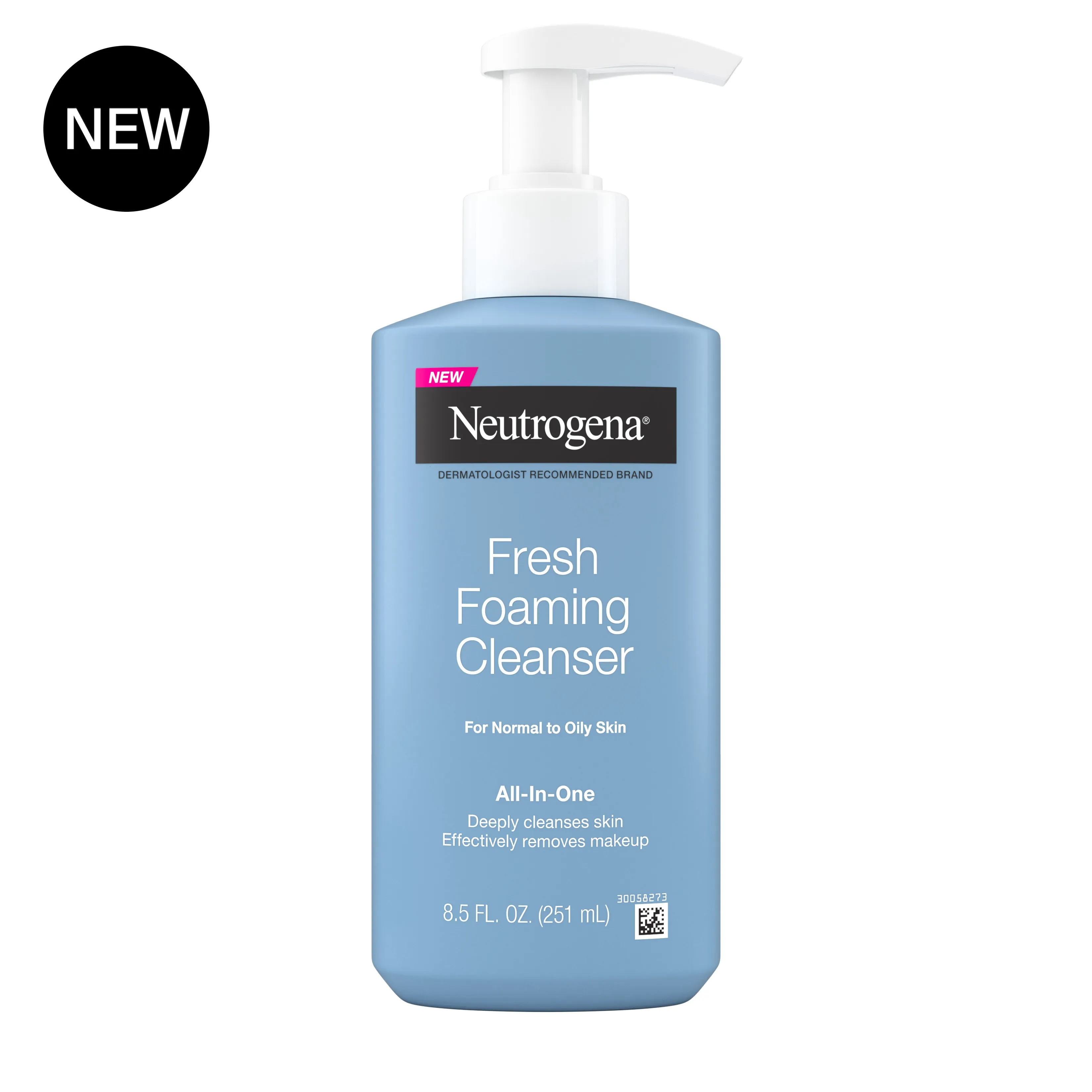 Fresh Foaming Facial Cleanser & Makeup Remover, Front image with badge.