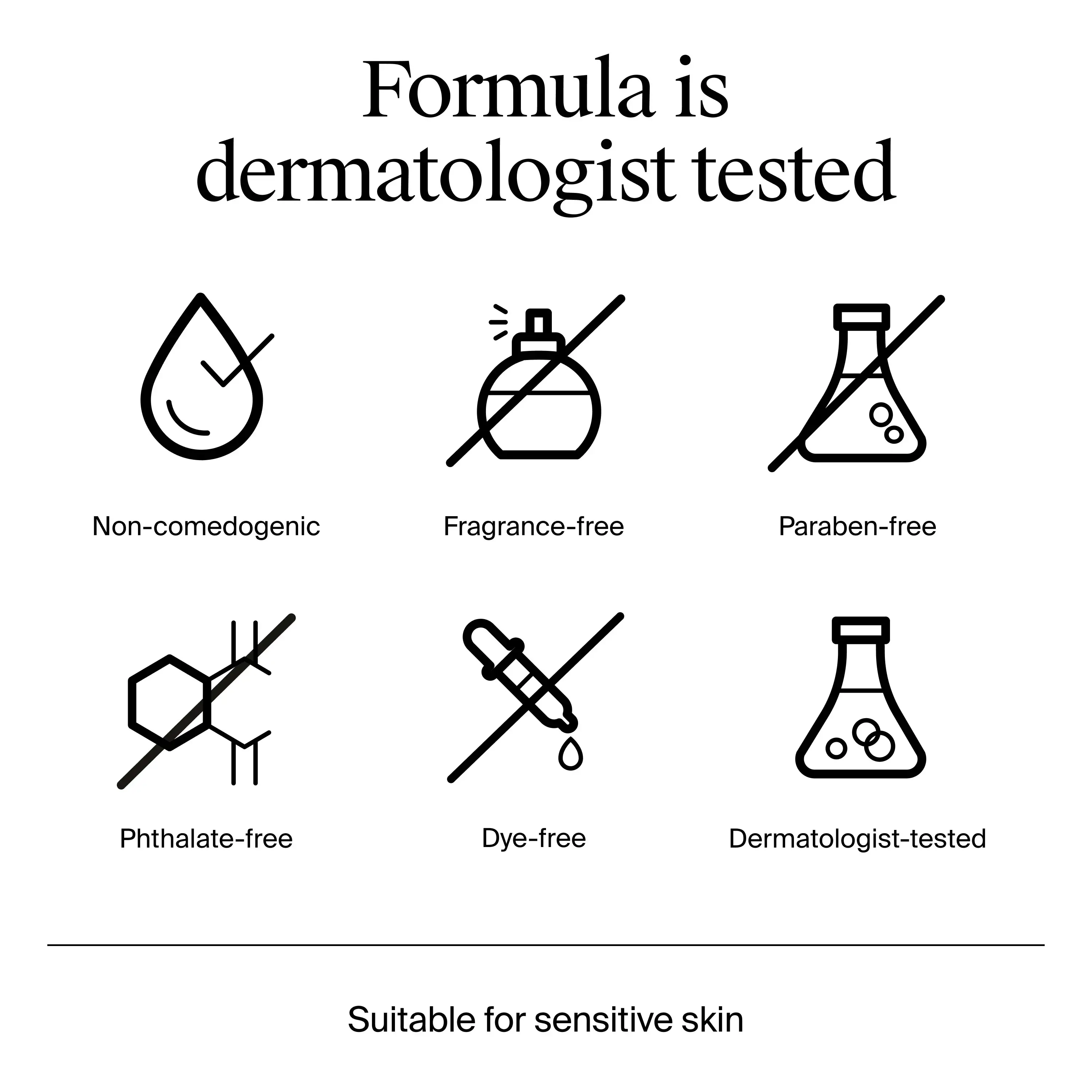 Formula is dermatologist tested. Non-comedogenic, fragrance-free, paraben-free, phthalate-free, dye-free, dermatologist-tested.