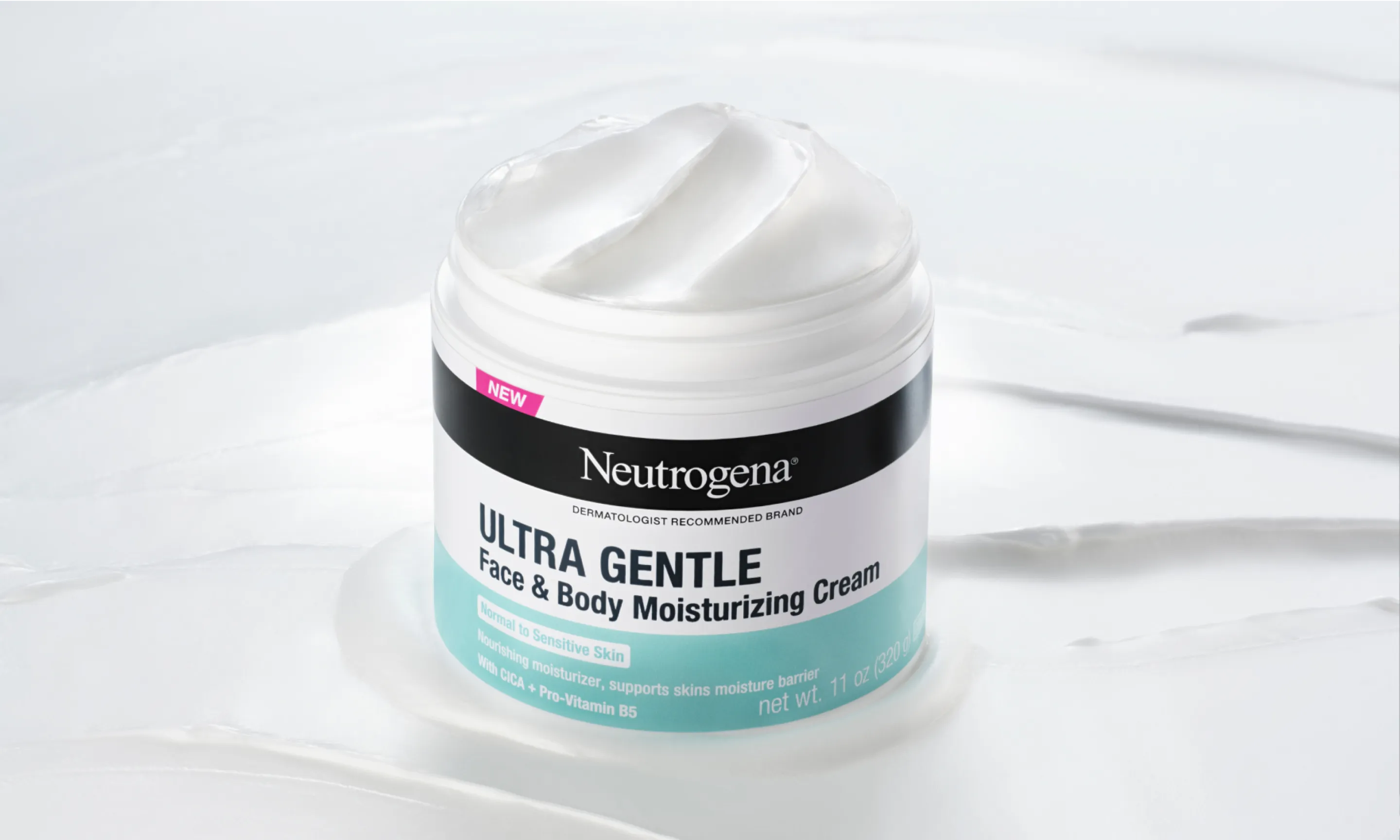 An open jar of Neutrogena Ultra Gentle Face & Body Moisturizing Cream.