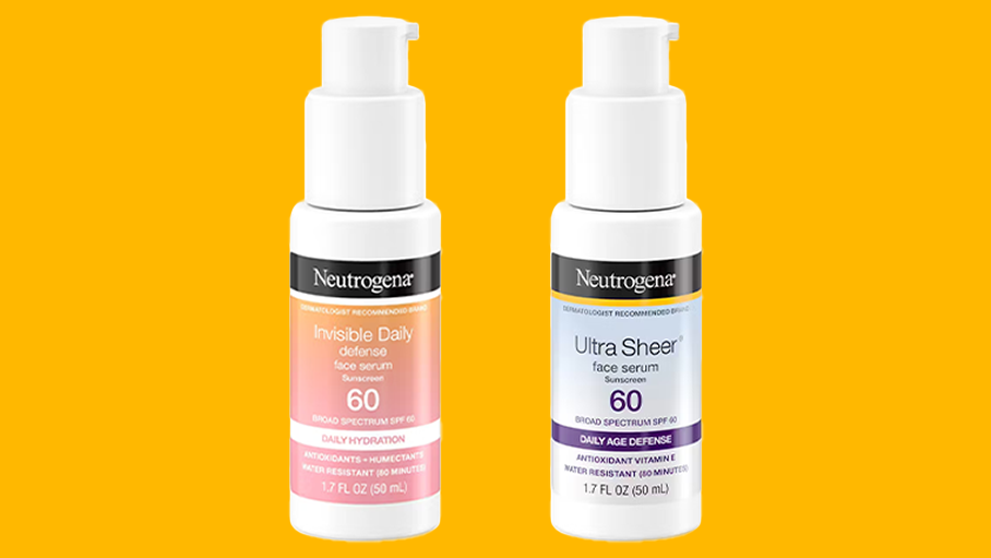 Neutrogena's Ultra Sheer Moisturizing Face Serum SPF 60+ sunscreen and Invisible Daily Defense Face Serum Sunscreen SPF 60+ In Front Of Droplet Stylized Background.