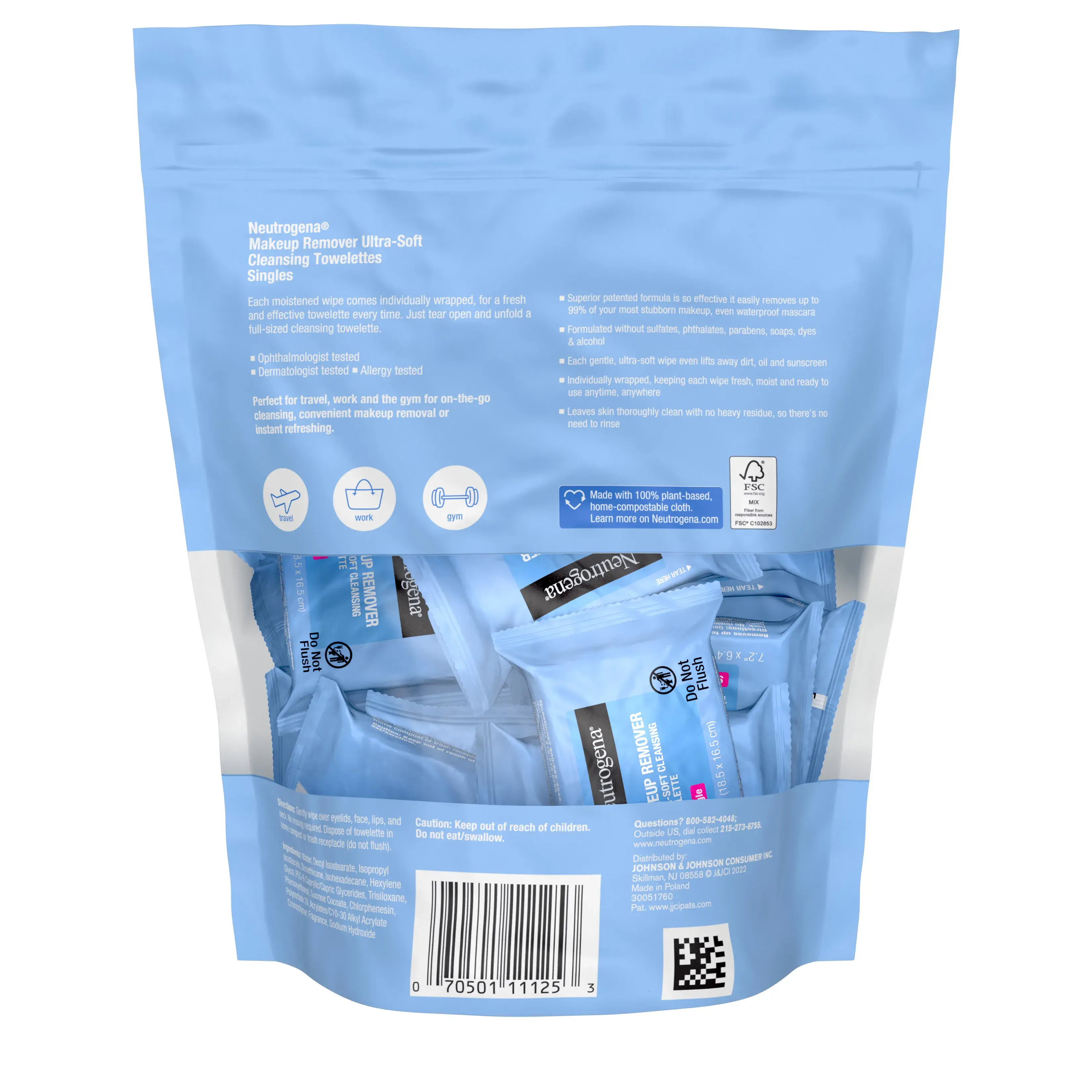 Individually Wrapped Makeup Remover Cleansing Wipes Back of Packaging