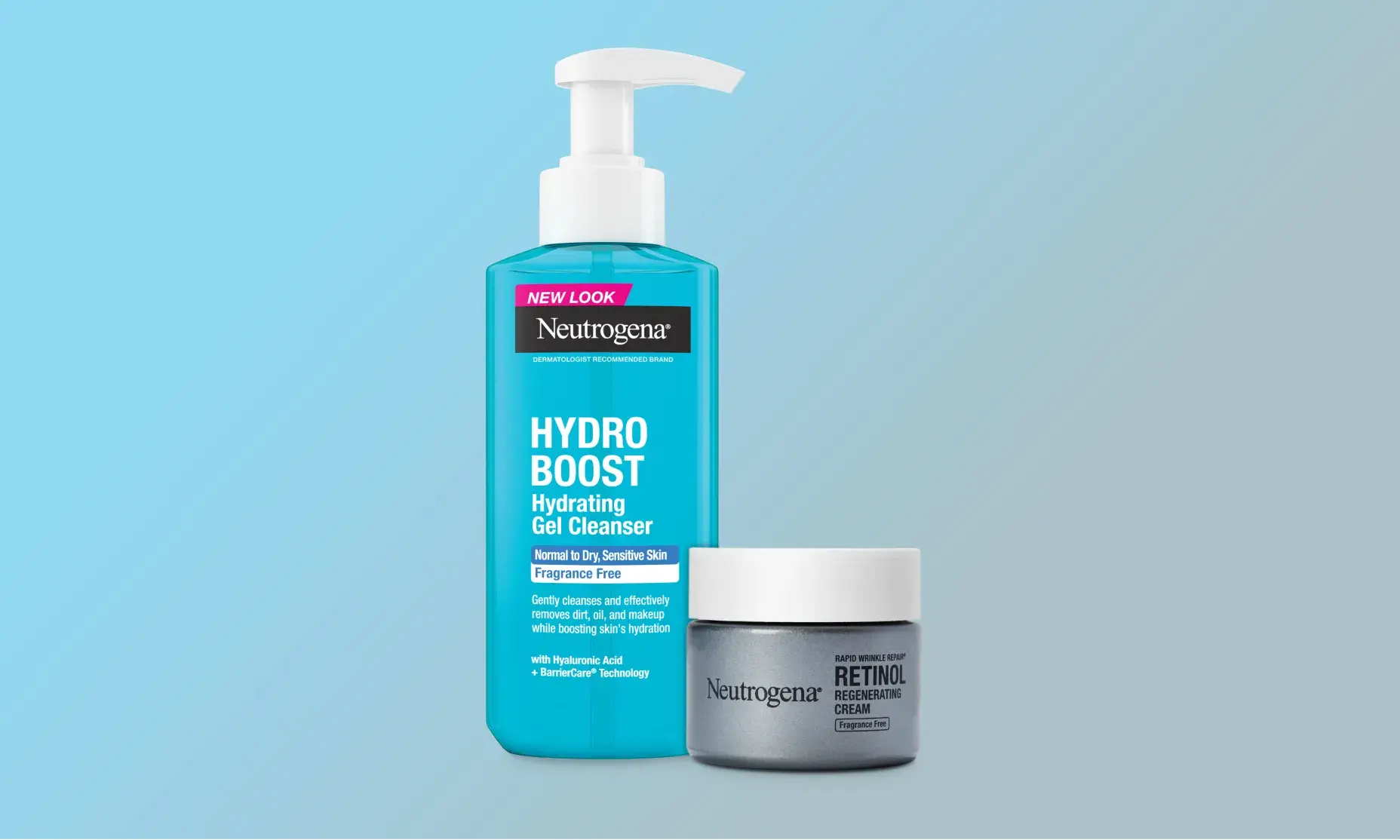 Packaging of Hydro Boost Hydrating Gel Cleanser Fragrance Free & Rapid Wrinkle Repair® Retinol Regenerating Cream, Fragrance-Free