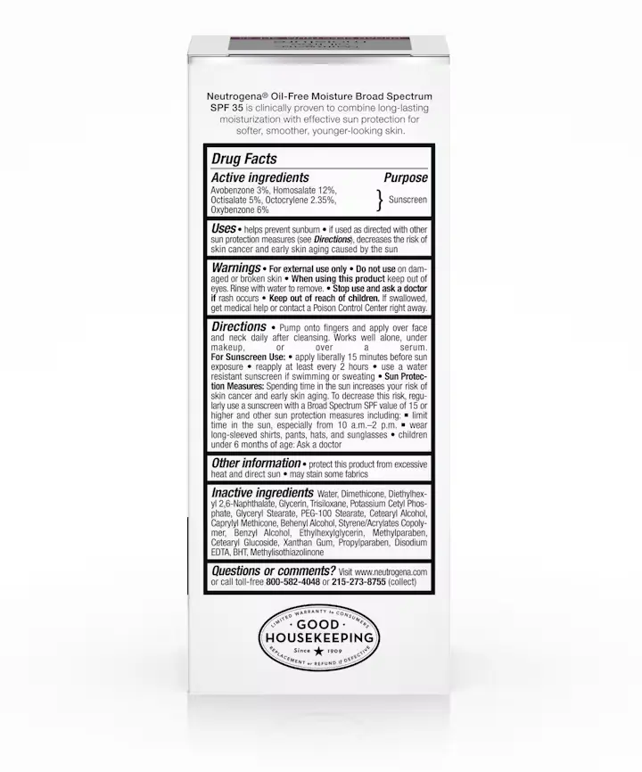 Oil-free Moisture Broad Spectrum SPF 35, back of the packaging