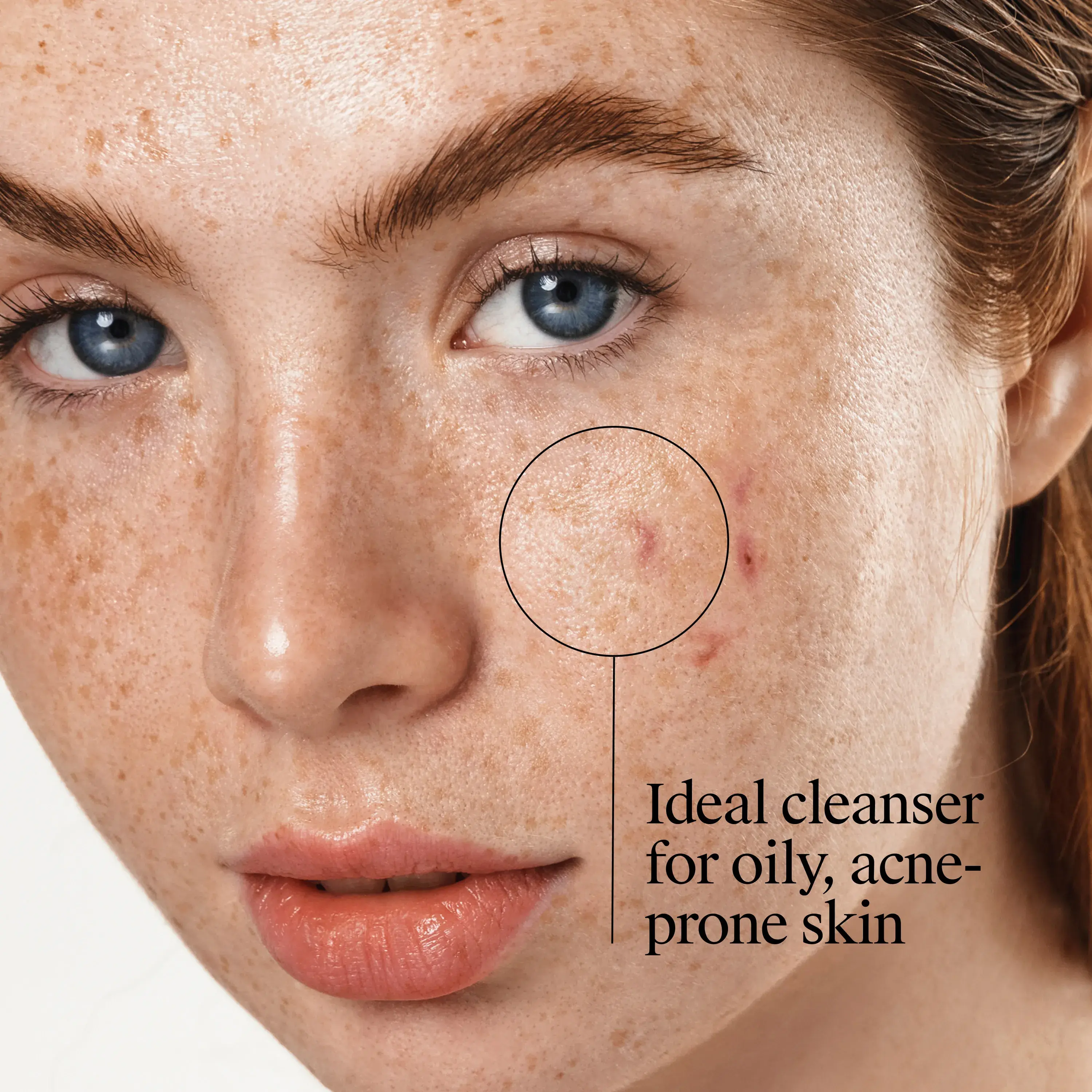 Neutrogena Oil-Free Acne Wash Pink Grapefruit Facial Cleanser is ideal for oily, acne-prone skin. Image displays lady with acne