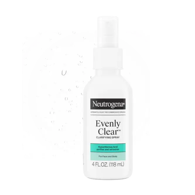 Neutrogena® Evenly Clear™ Clarifying Spray Front of Packaging, Texture and Formula Consistency