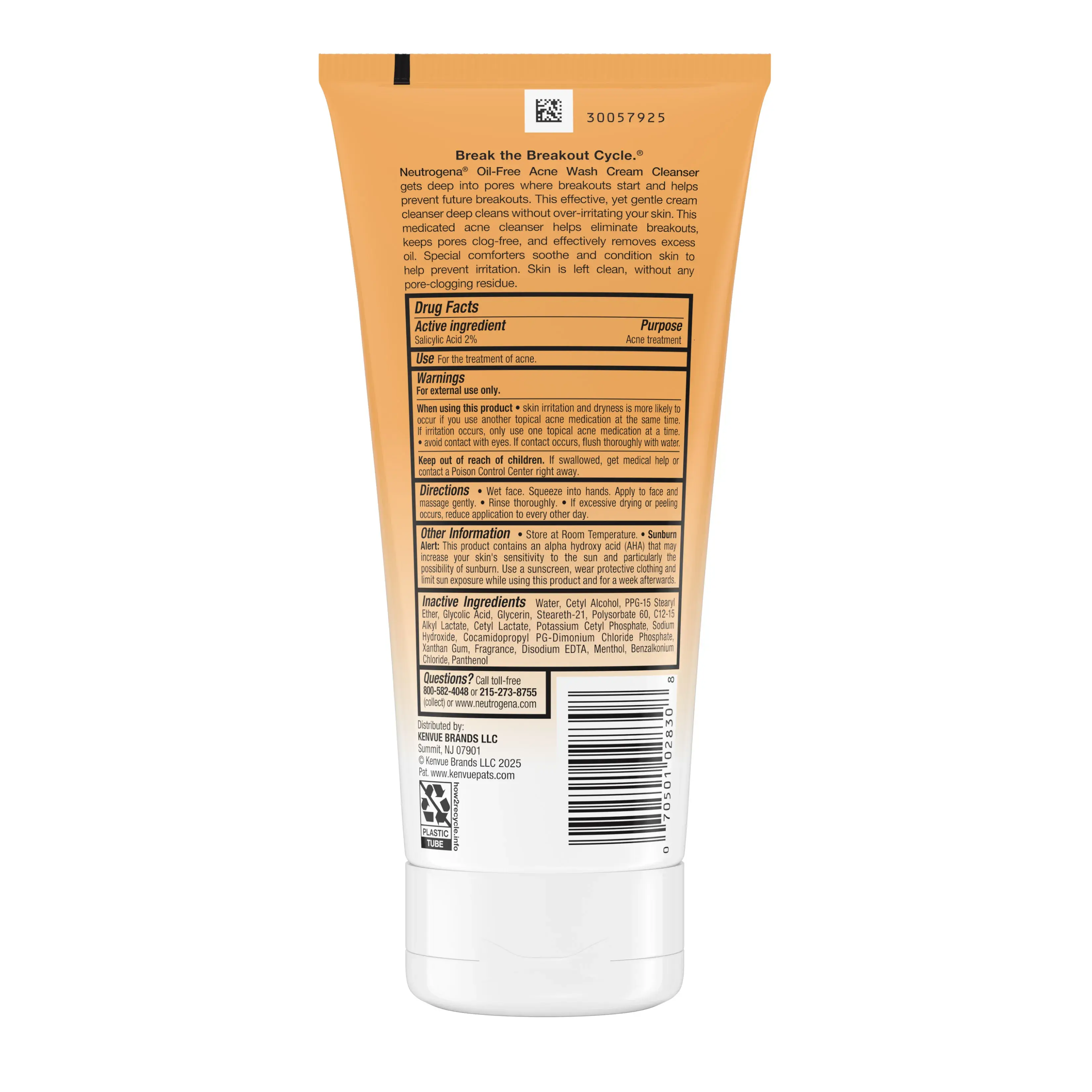 Neutrogena® Oil-Free Acne Wash Cream Cleanser Back of Packaging