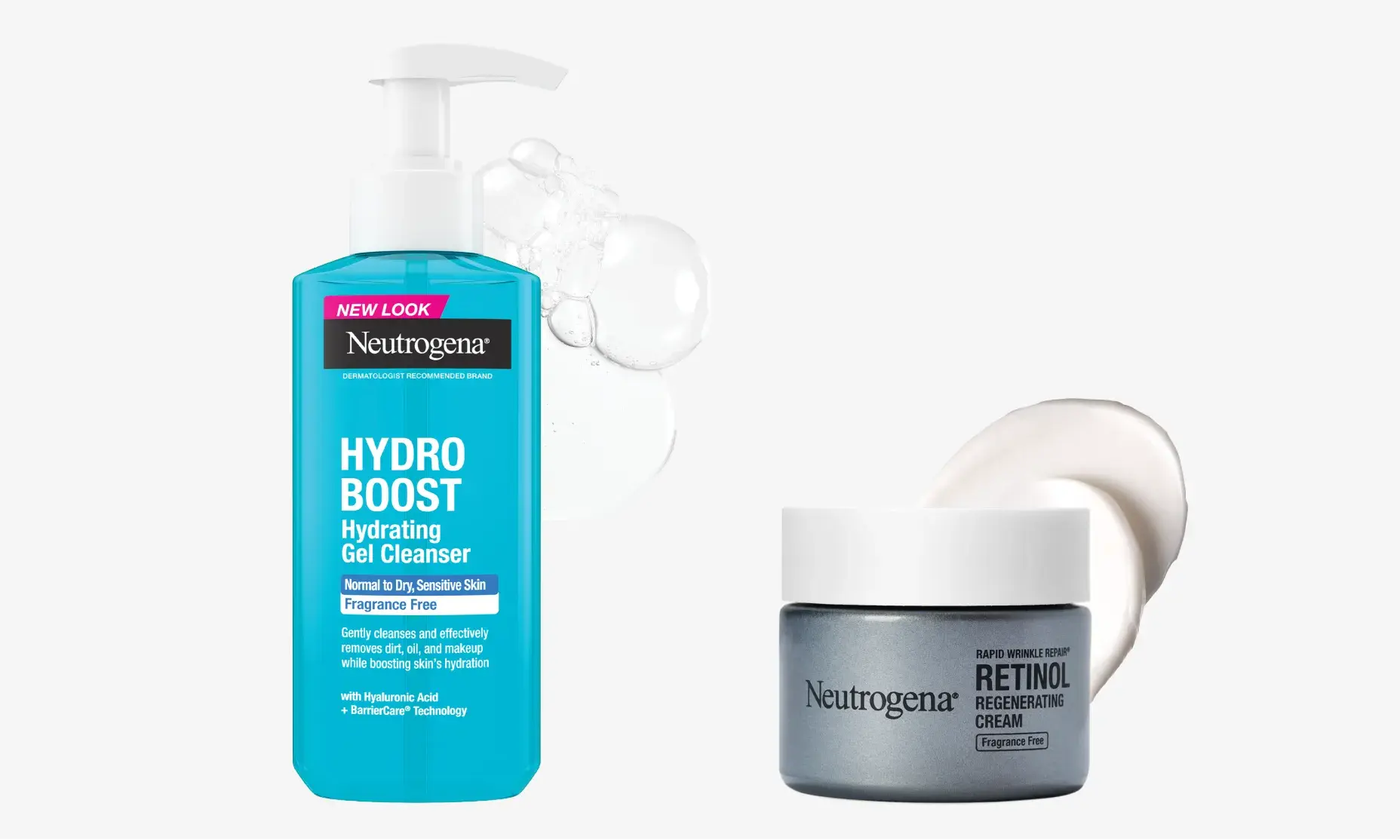 Packaging of Hydro Boost Hydrating Gel Cleanser Fragrance Free & Rapid Wrinkle Repair® Retinol Regenerating Cream, Fragrance-Free