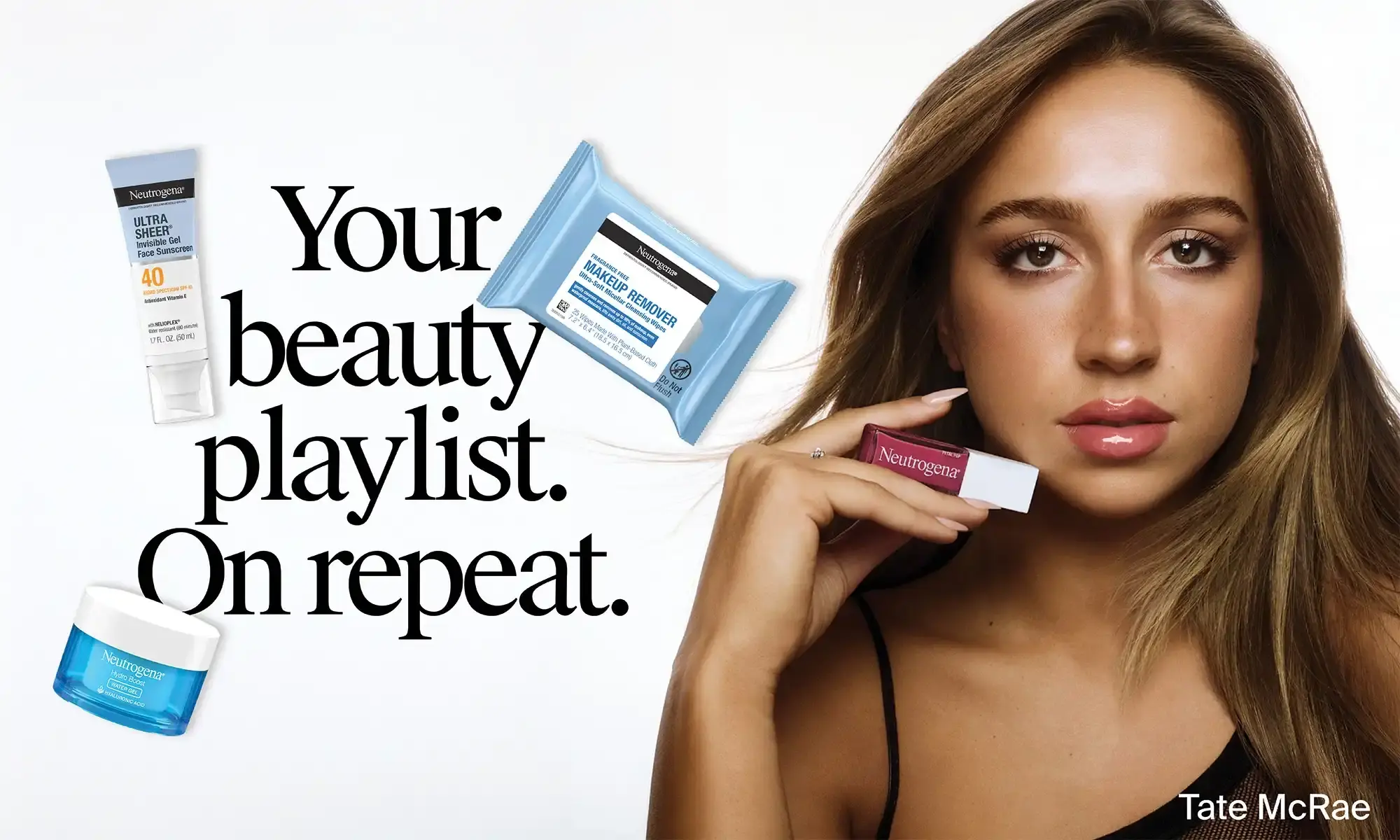 Tate McRae hold Neutrogena® Hydro® Boost Lip Oil along with other products to be used for Coachella