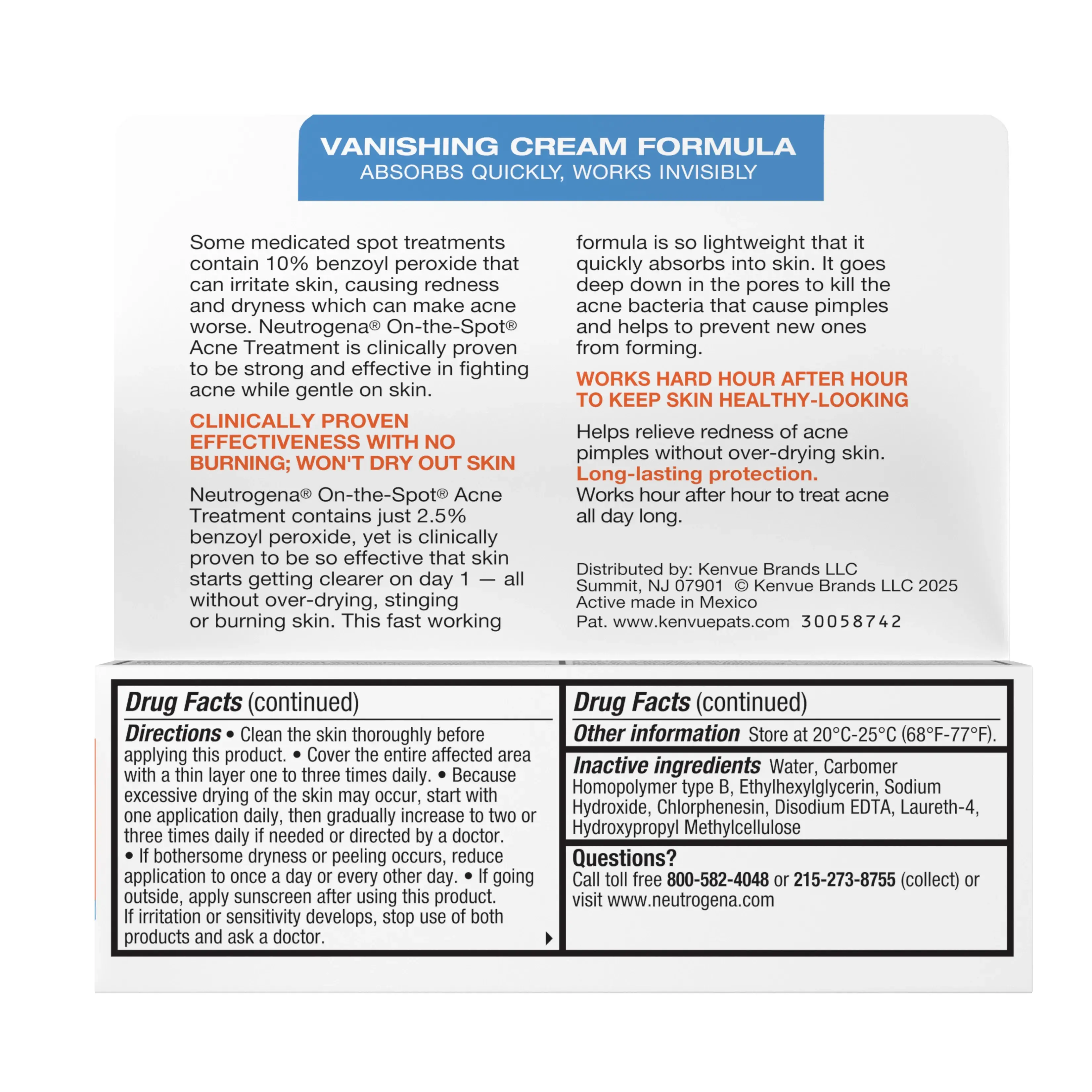 Neutrogena® On-The-Spot Acne Treatment Back of Packaging