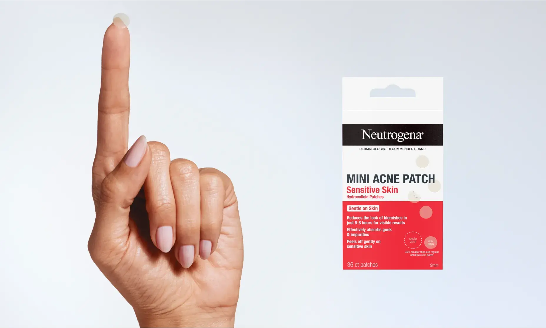 A fingertip holds up a clear acne patch next to a package of Neutrogena Mini Acne Patches for Sensitive Skin.