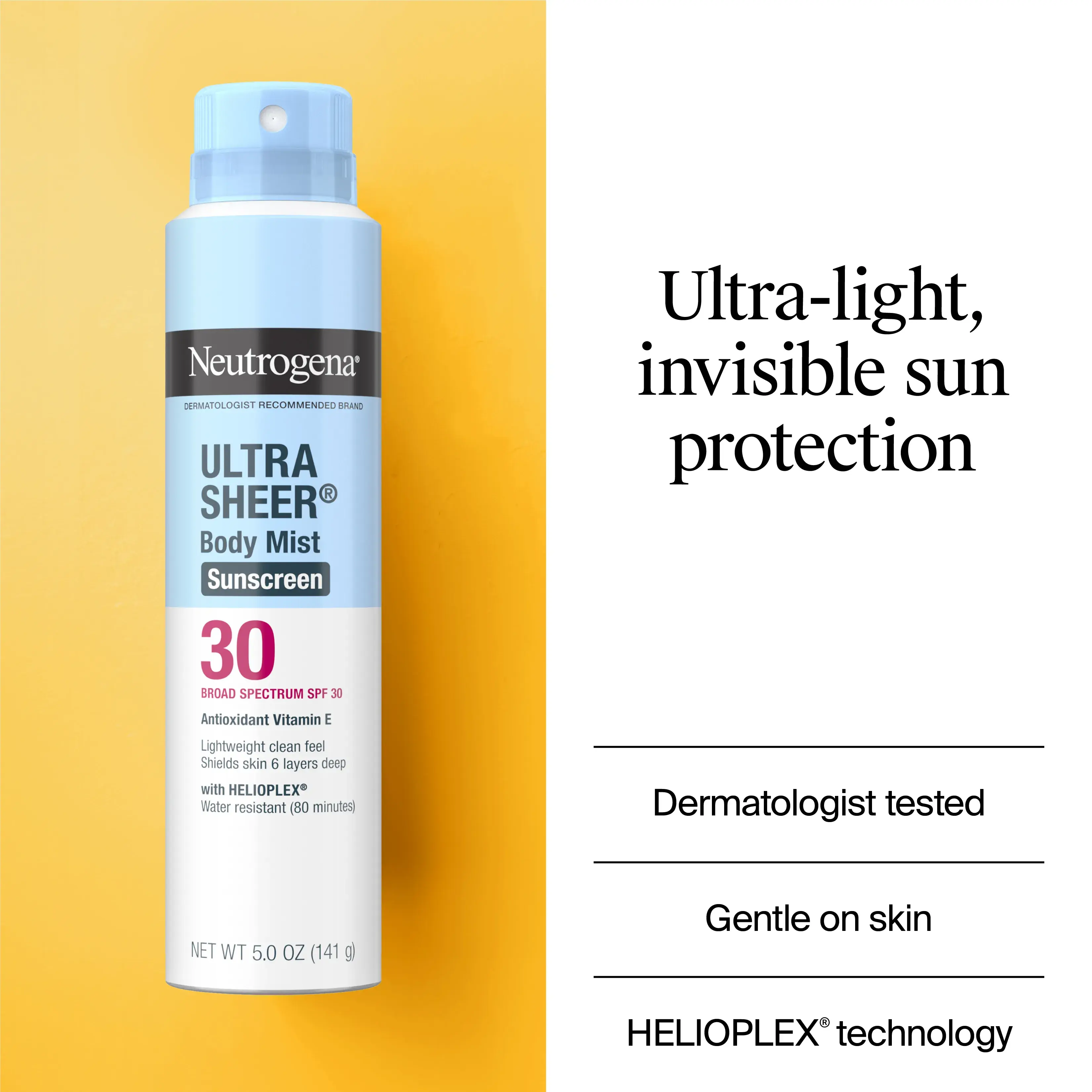 Neutrogena Ultra Sheer Body Mist Sunscreen Spray Broad Spectrum SPF 30, 5 Oz