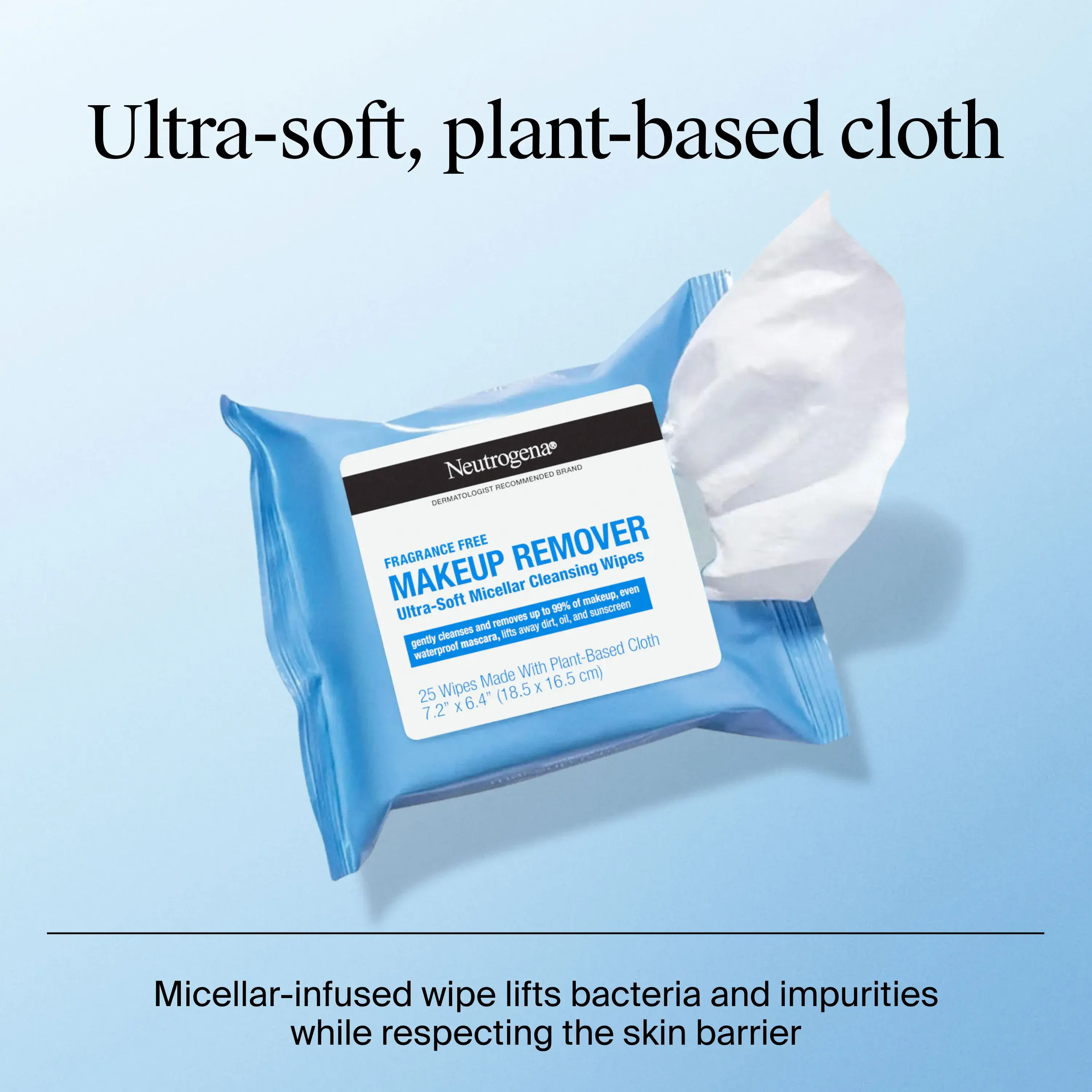 Ultra-soft, plant based cloth with Micellar-infused wipe that lifts bacteria and impurities while respecting the skin barrier