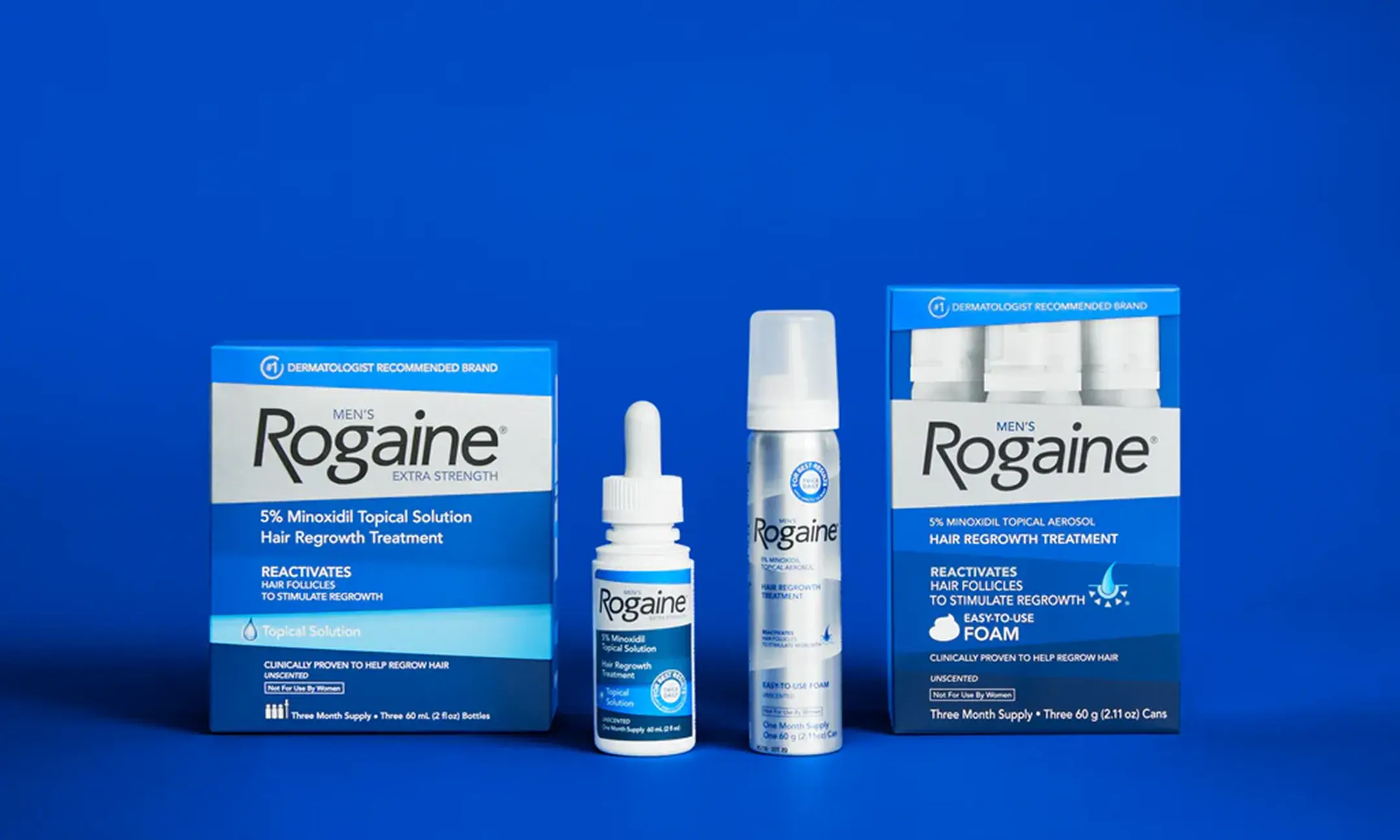 Image showing three products from the Men's Rogaine 5% Minoxidil line: the topical solution (liquid) and the topical aerosol (foam), packaged in blue boxes and bottles/cans.
