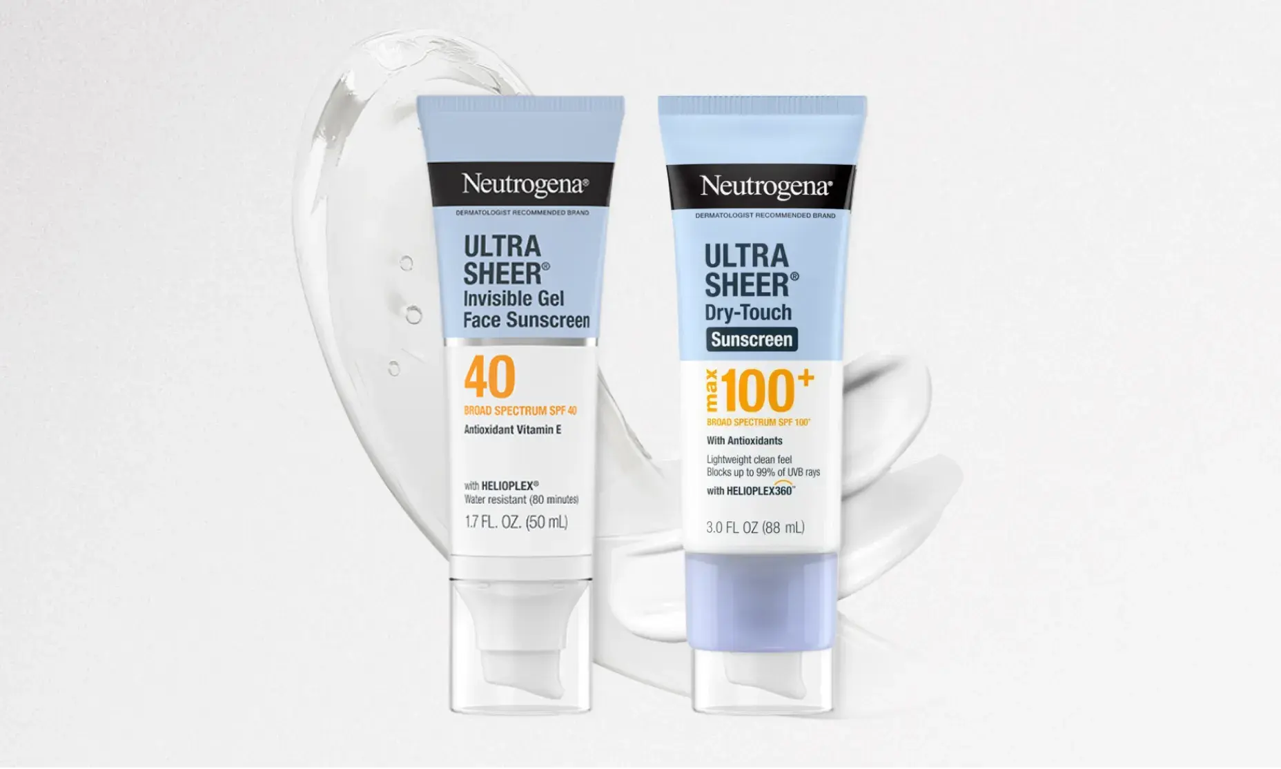 Two Neutrogena Ultra Sheer sunscreen tubes—SPF 40 Invisible Gel and SPF 100+ Dry-Touch—on a light background
