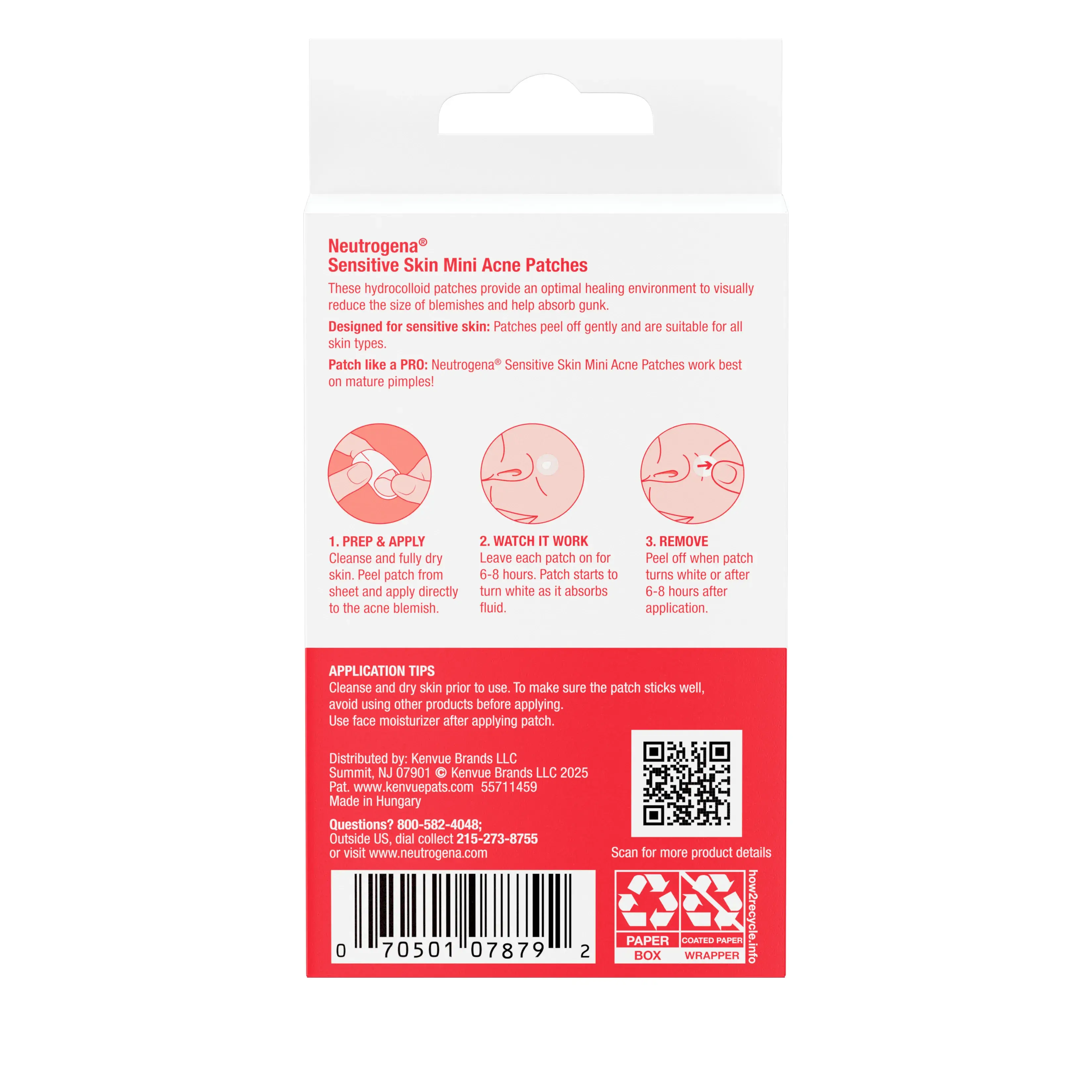 Neutrogena Mini Acne Patch, Sensitive Skin, 36 Count, back of the package.