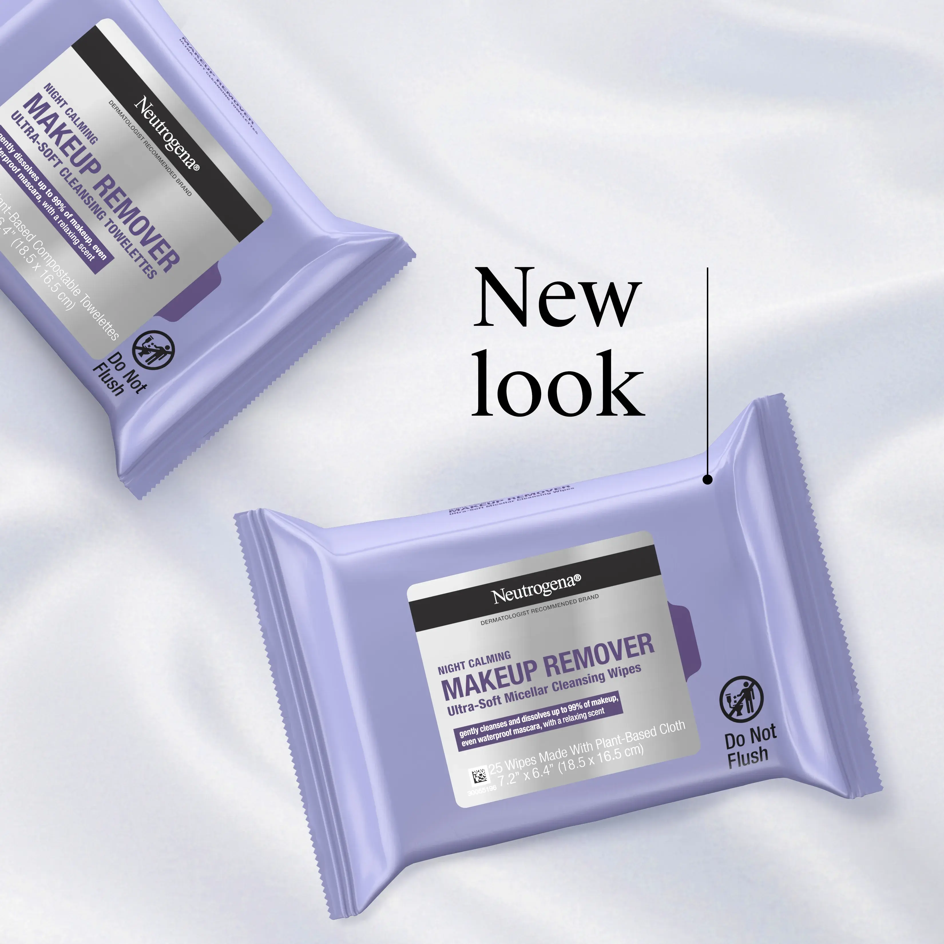 Neutrogena Night Calming Makeup Remover Ultra-Soft Micellar Wipes showing new packaging new look