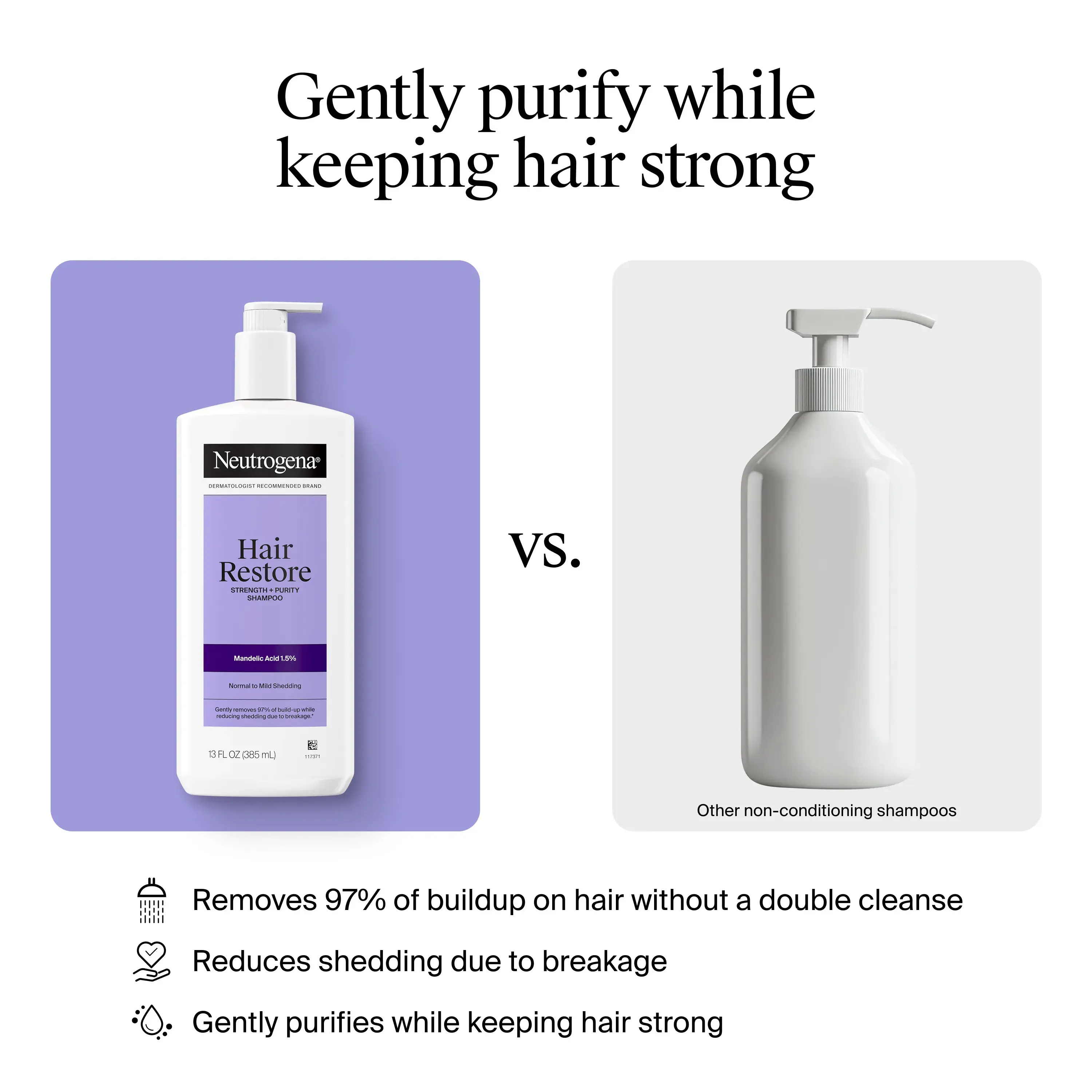 Gently purify while keeping hair strong. Compared with other non-conditioning shampoos, removes 97% of buildup on hair without a double cleanse, reduces shedding, and gently purifies