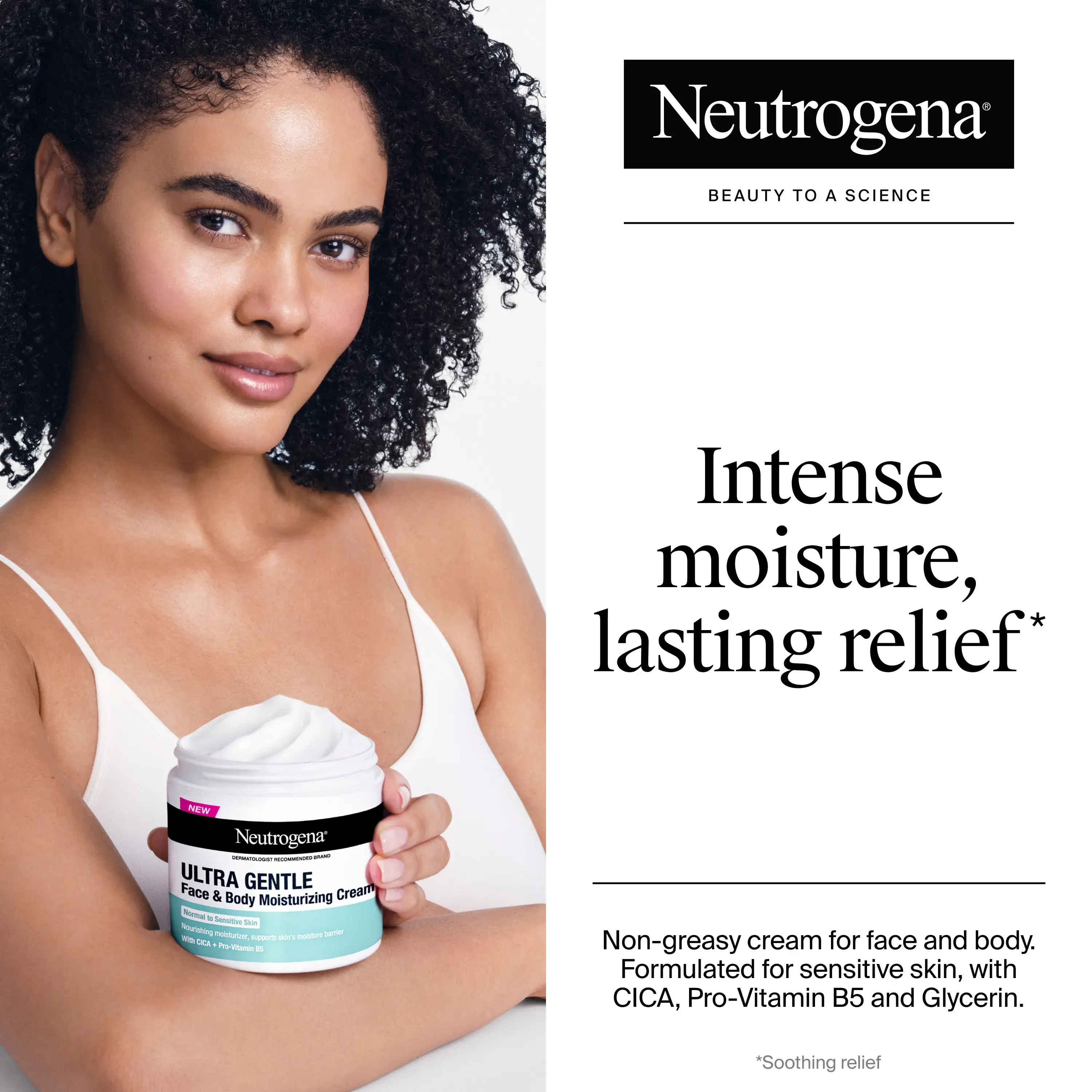 Woman holding Ultra Gentle Face & Body Daily Moisturizing Cream that provides intense moisture lasting relief
