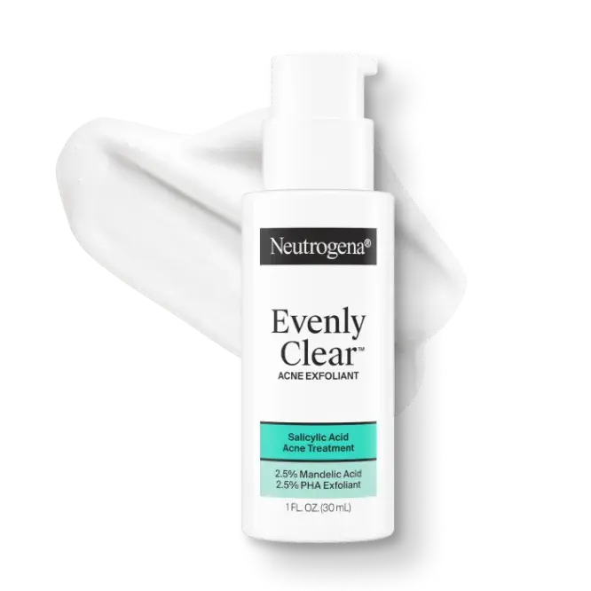 Neutrogena® Evenly Clear™ Acne Exfoliant Front of Packaging, Texture and Formula Consistency