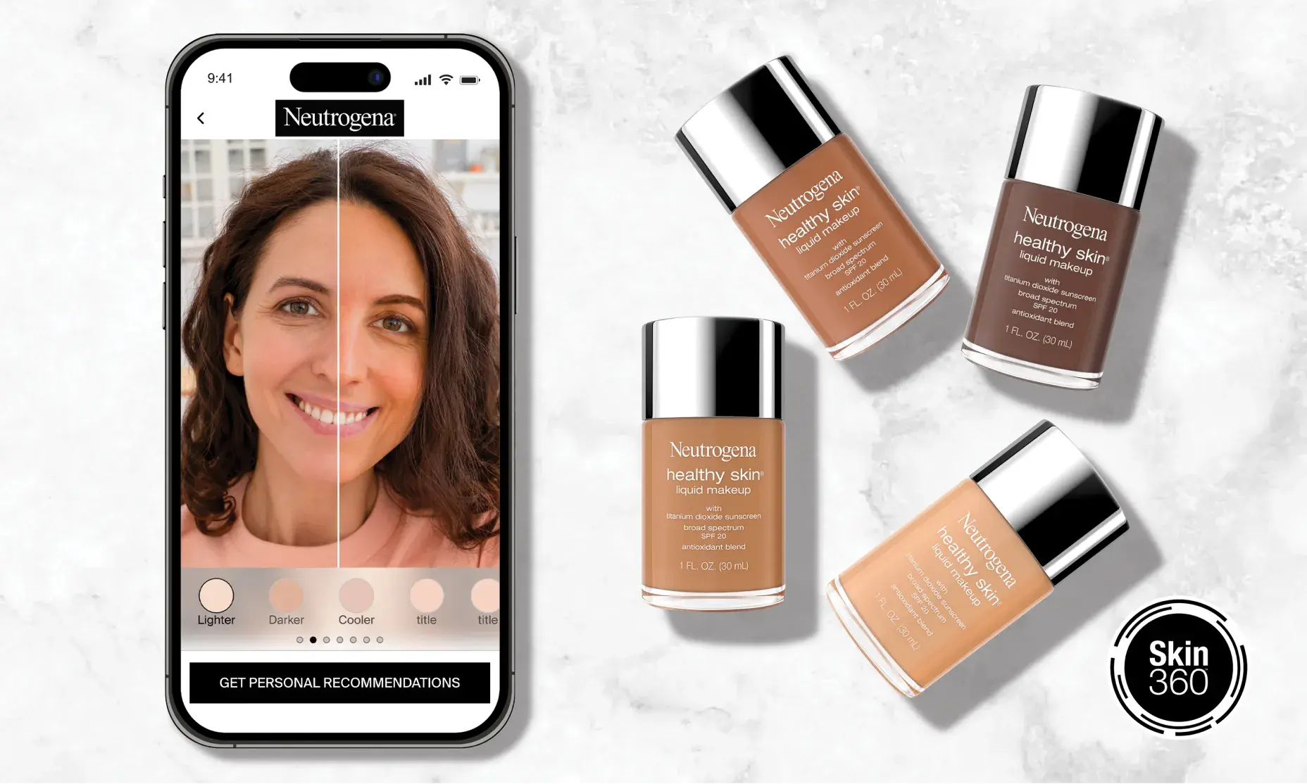 Woman matching different shades of Healthy Skin Liquid Makeup to her face using Neutrogena® Shadefinder