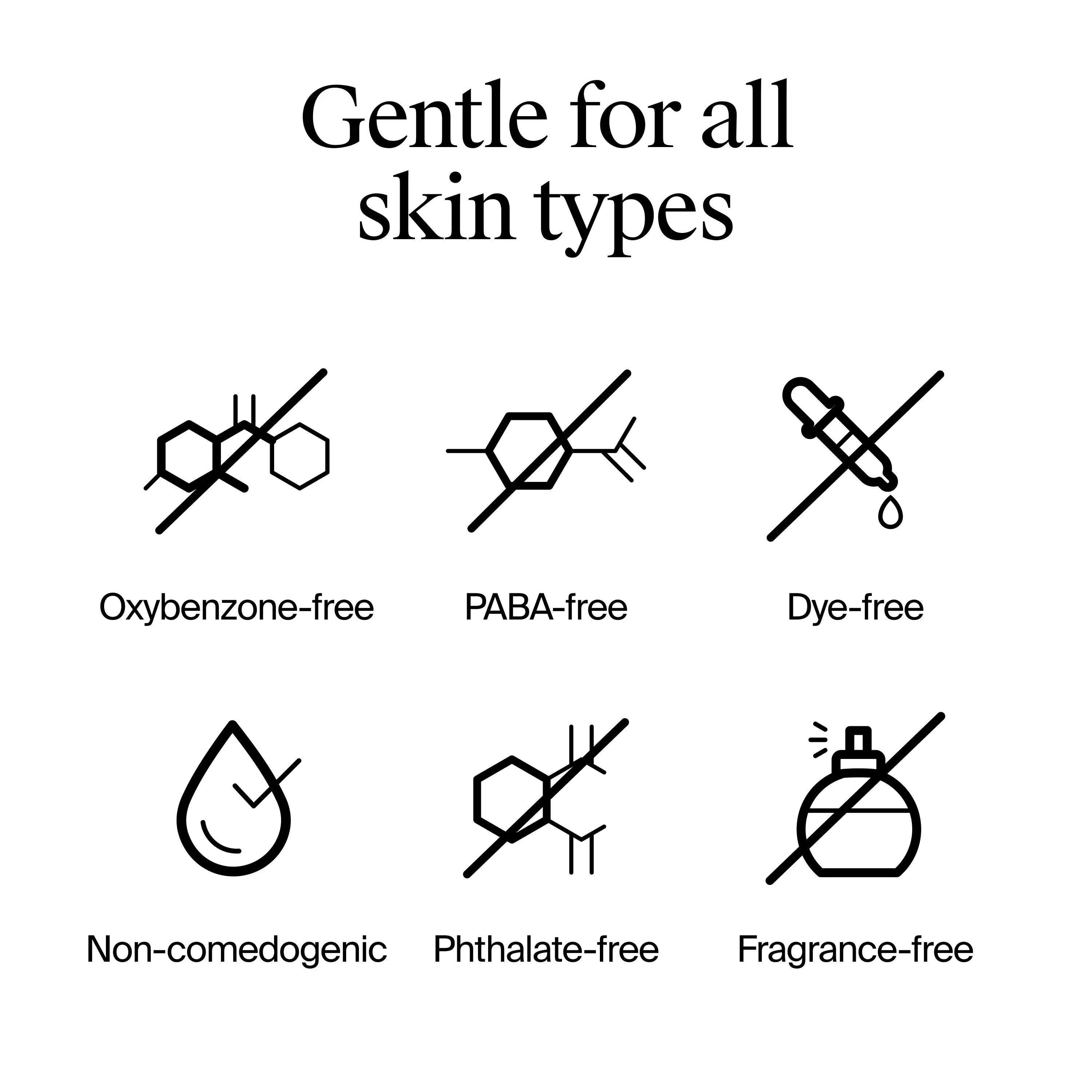 Gentle for all skin types. Oxybenzone-free, PABA-free, Dye-free, non-comedogenic, Phthalate-free, Fragrance free