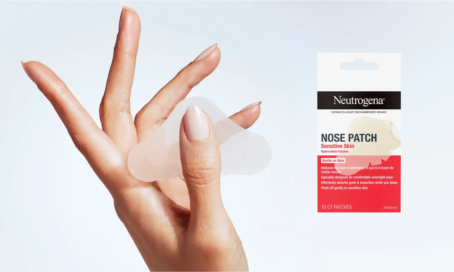 A hand holds up a clear nose patch next to a package of Neutrogena Nose Patches for Sensitive Skin.