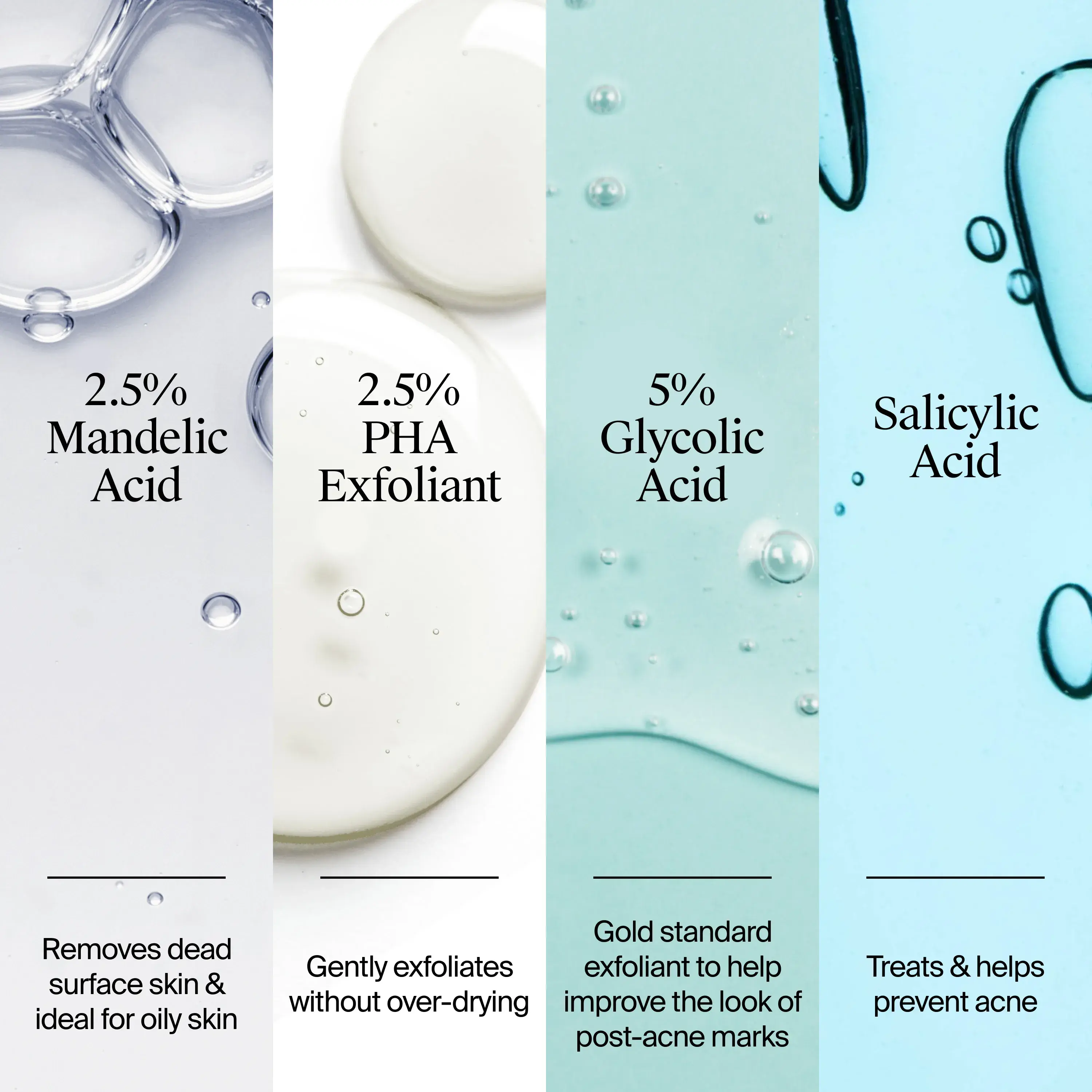 Formulated with 2.5% Mandelic Acid removed dead surface skin & ideal for oily skin. 2.5% PHA exfoliant gently exfoliates without over-drying. 5% Glycolic Acid exfoliant to help improve the look of post-acne marks. Salicyclic Acid