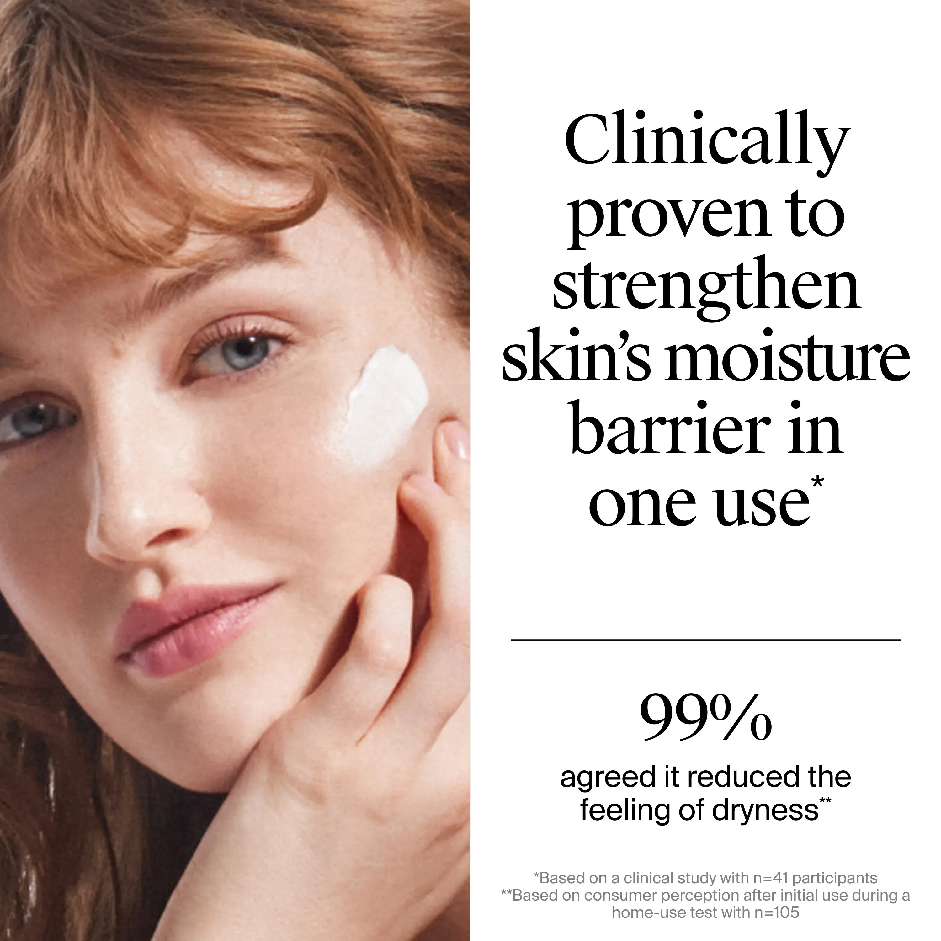 Woman applying Ultra Gentle Face & Body Daily Moisturizing Cream to face, clinically proven to strengthen skin's moisture barrier in one use