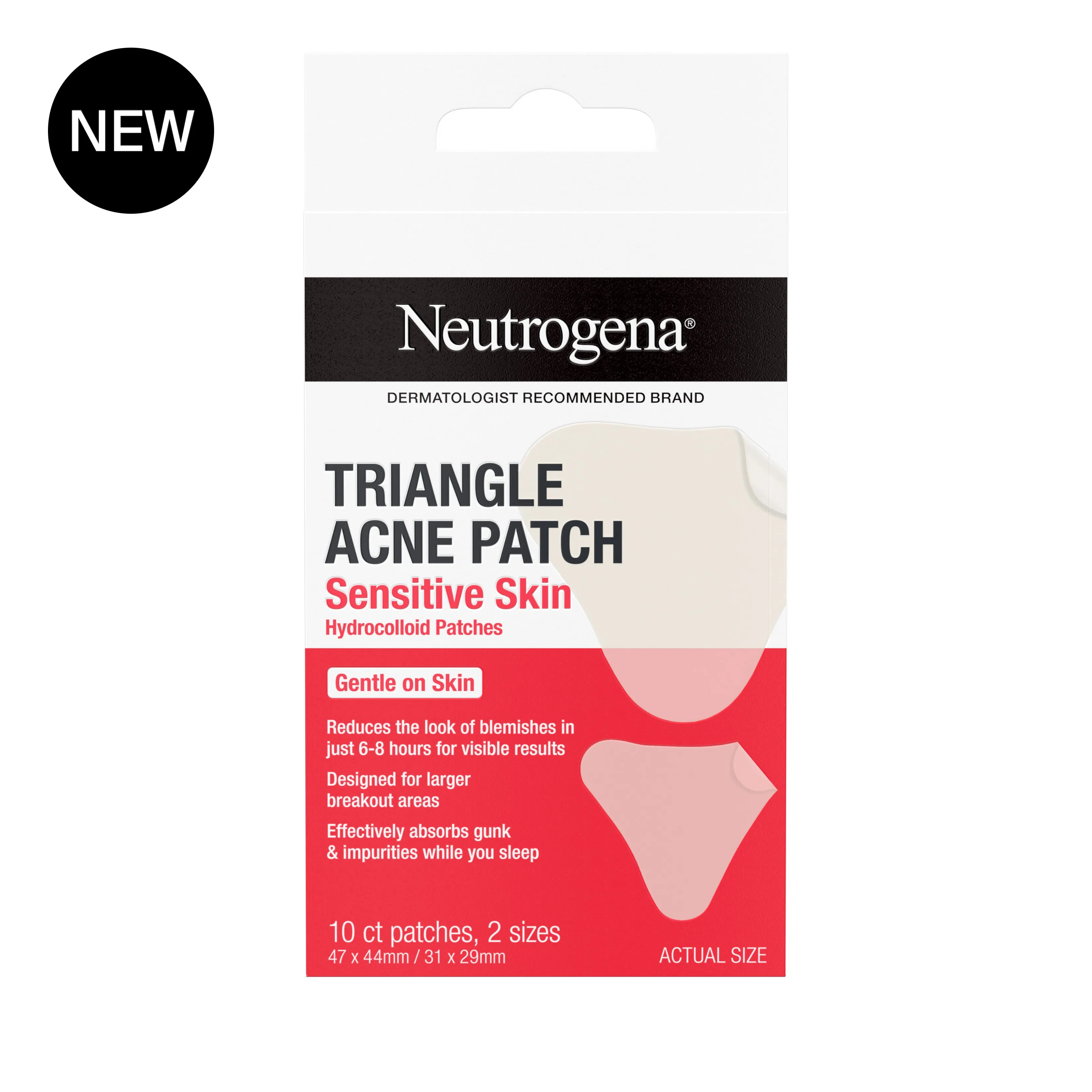 Neutrogena Hydrocolloid Triangle Acne Patches, Sensitive Skin, 10 ct, front image with new badge.