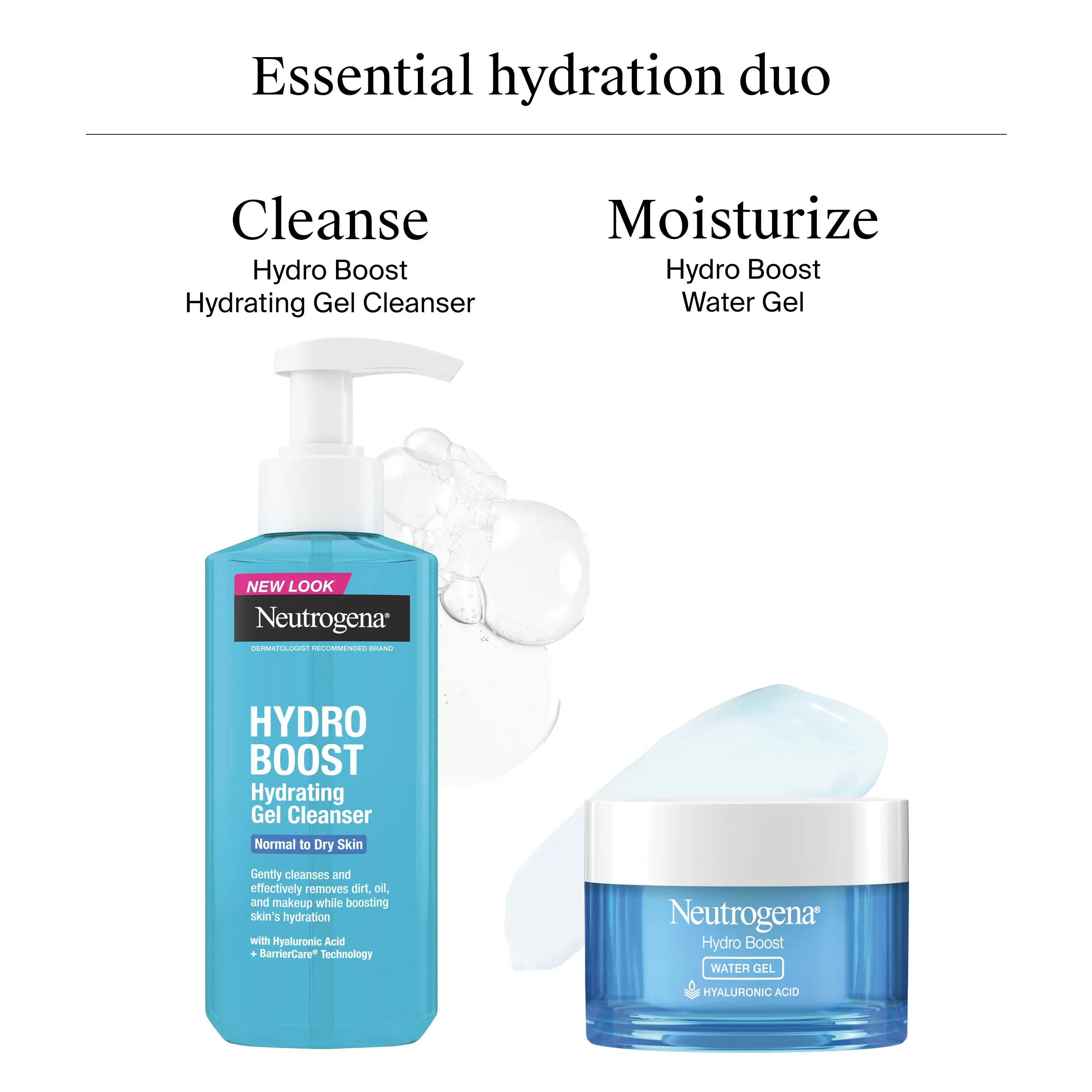 Neutrogena® Essential Hydration Regimen Duo: Cleanse with Hydro Boost Hydrating Gel Cleanser then Moisturize with Hydro Boost Water Gel