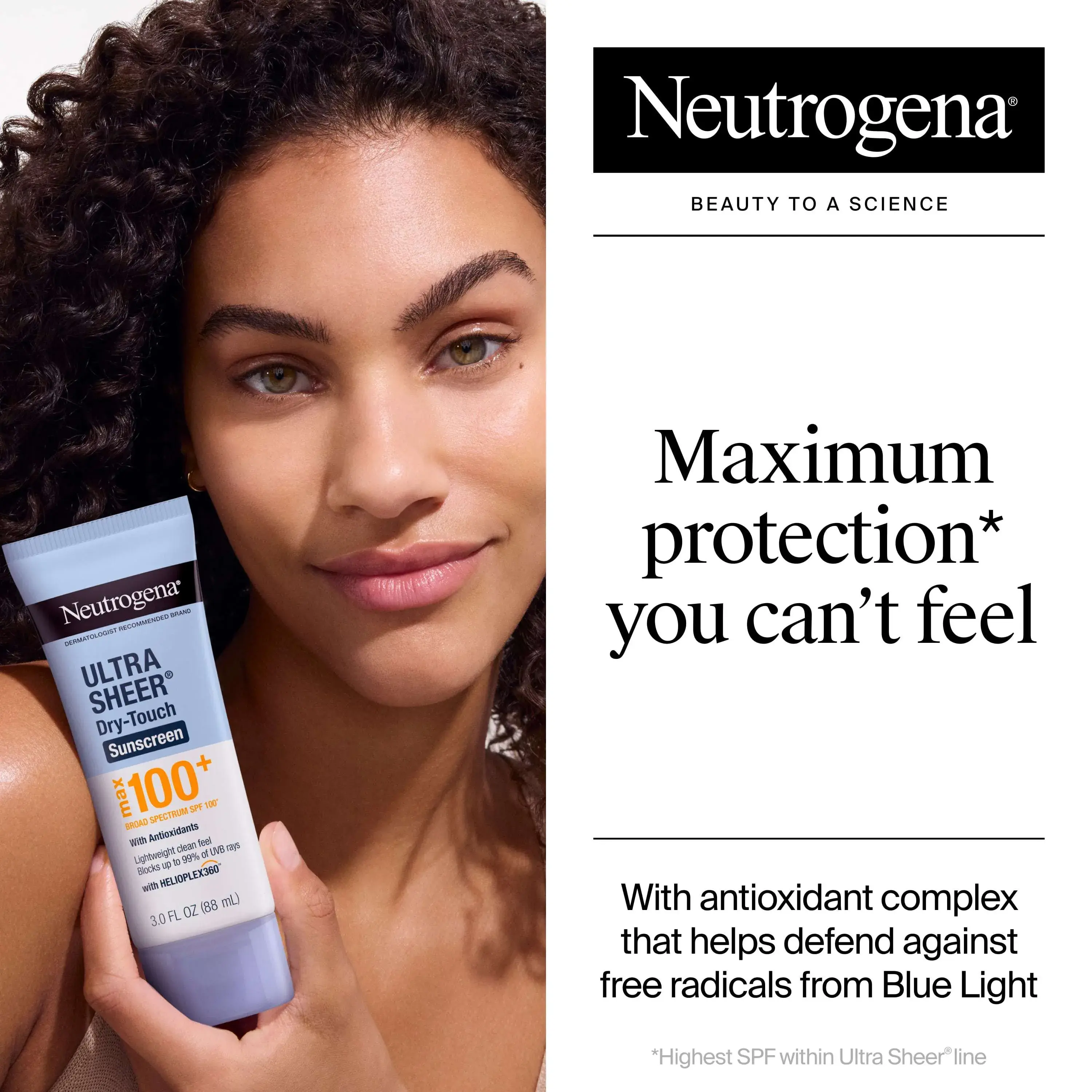 woman smiling holding Ultra Sheer Dry-Touch Broad Spectrum Max SPF 100+ Body Sunscreen for maximum protection you can't feel